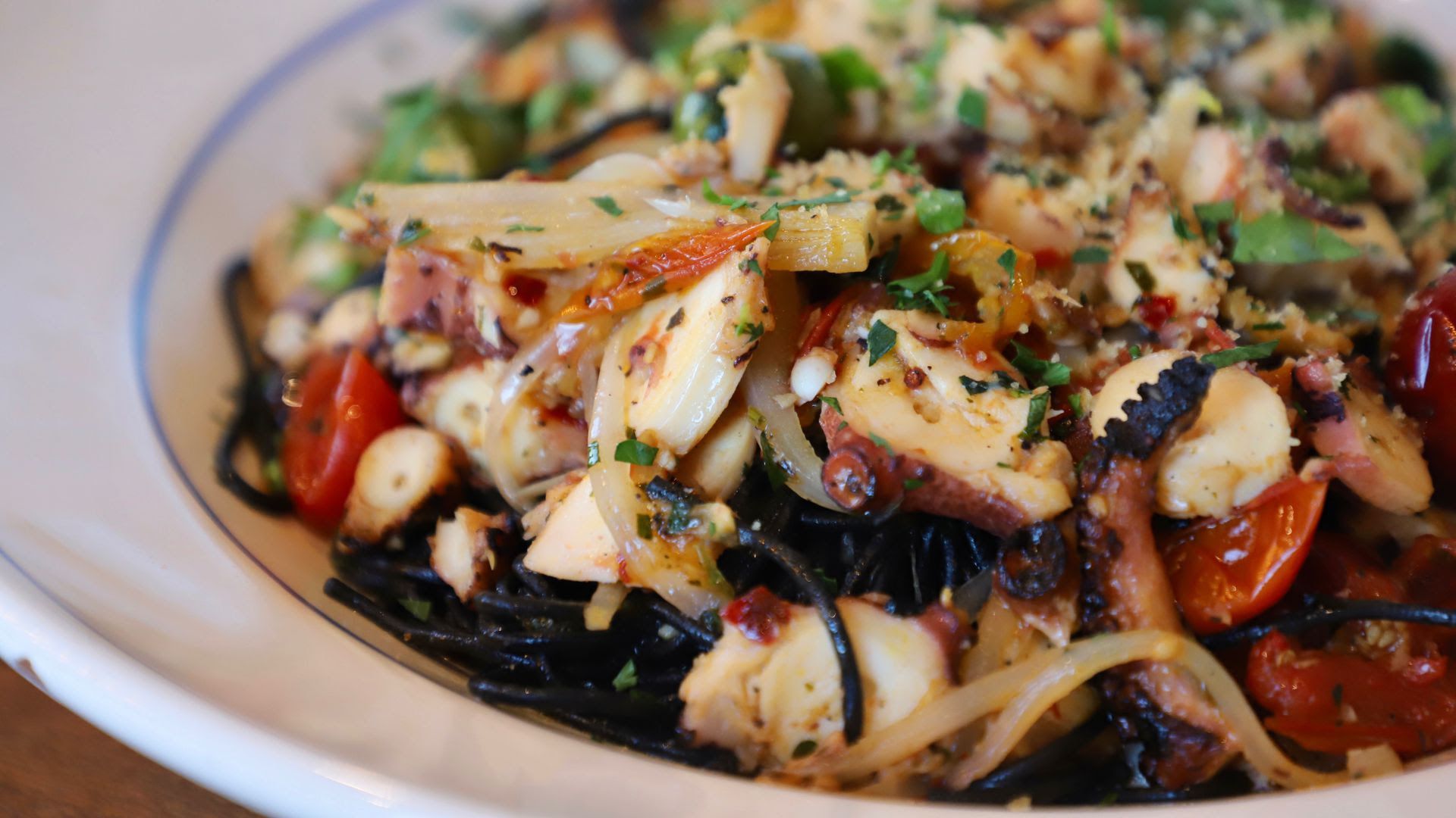 The Spaghetti al Negro Con Polpo at Casa Santo Stefano.