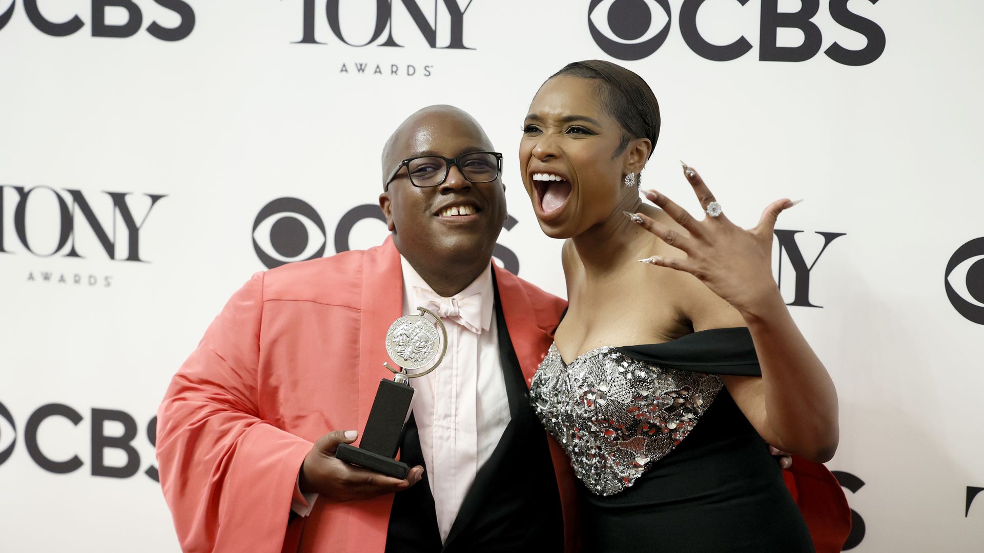 Michael R. Jackson and Jennifer Hudson are seen at the 75th Annual Tony Awards press room at 3 West Club on June 12, 2022 in New York City.