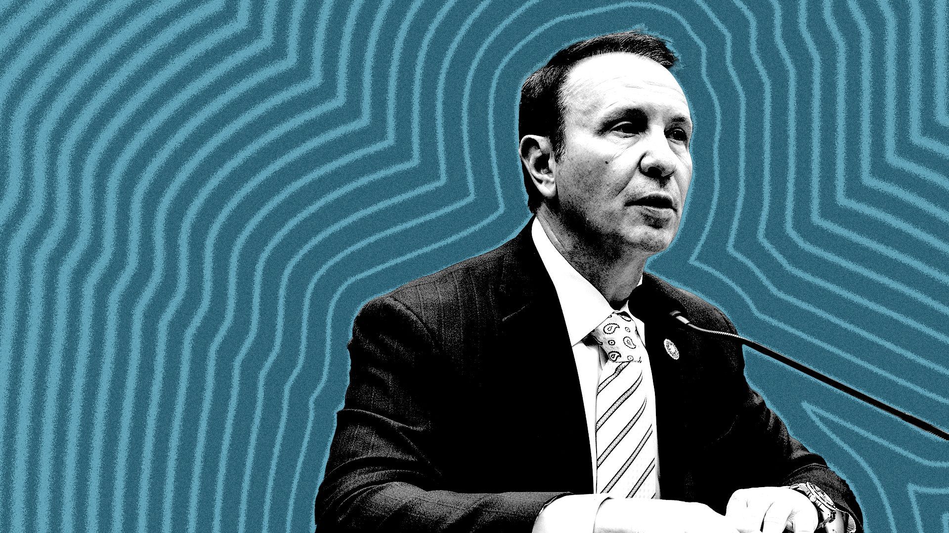 Photo illustration of Louisiana Governor-elect Jeff Landry with lines radiating from him.