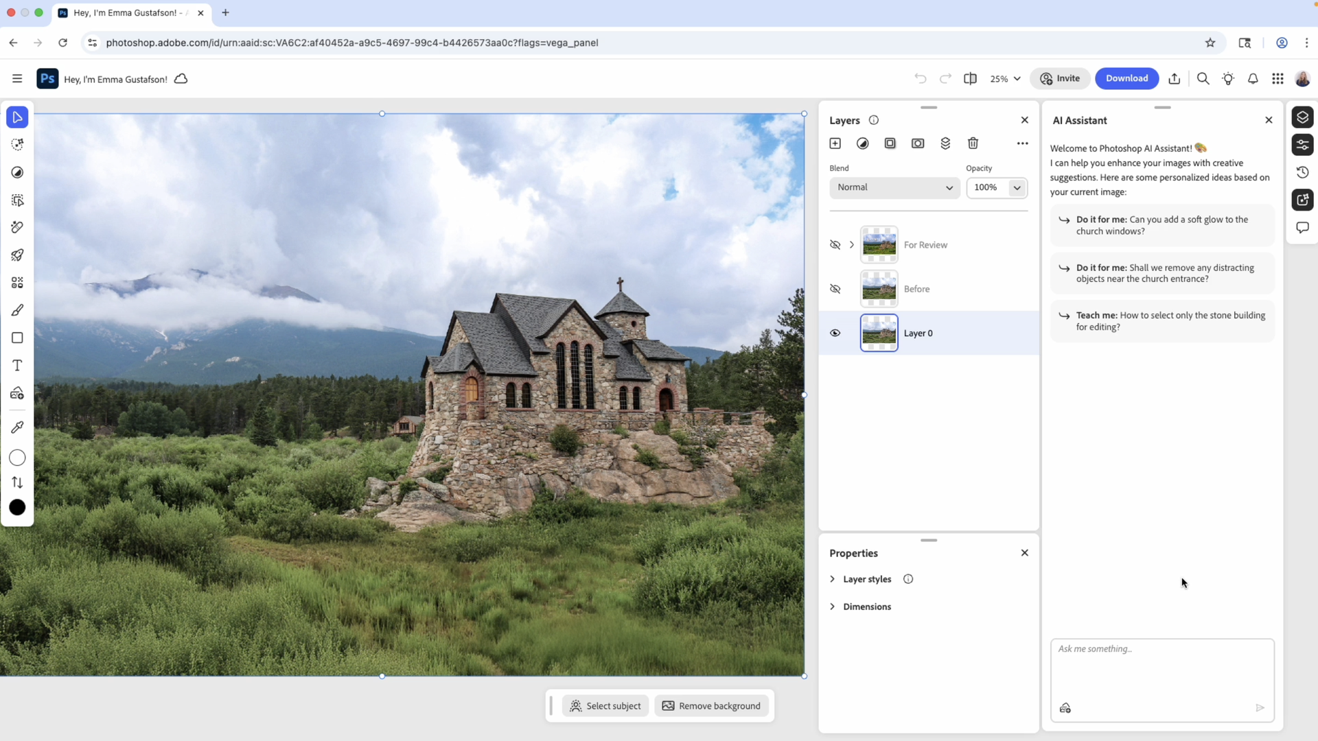 Screenshot of Adobe Photoshop interface editing a stone church on rocky hill with cloudy sky and forested mountains in background.
