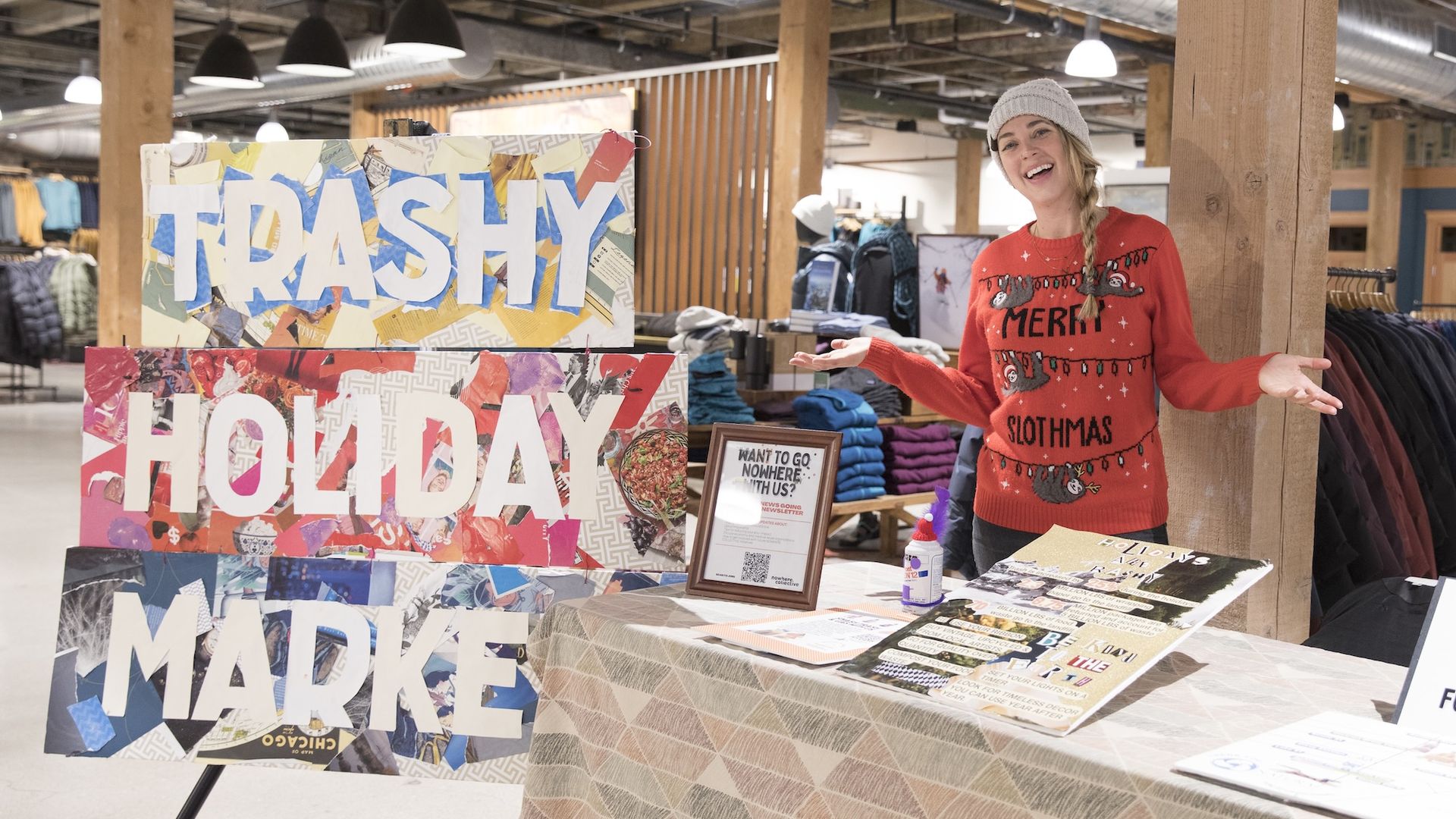 Poster that reads Trashy Holiday Market next to a woman in a Christmas sweater and Santa hat.