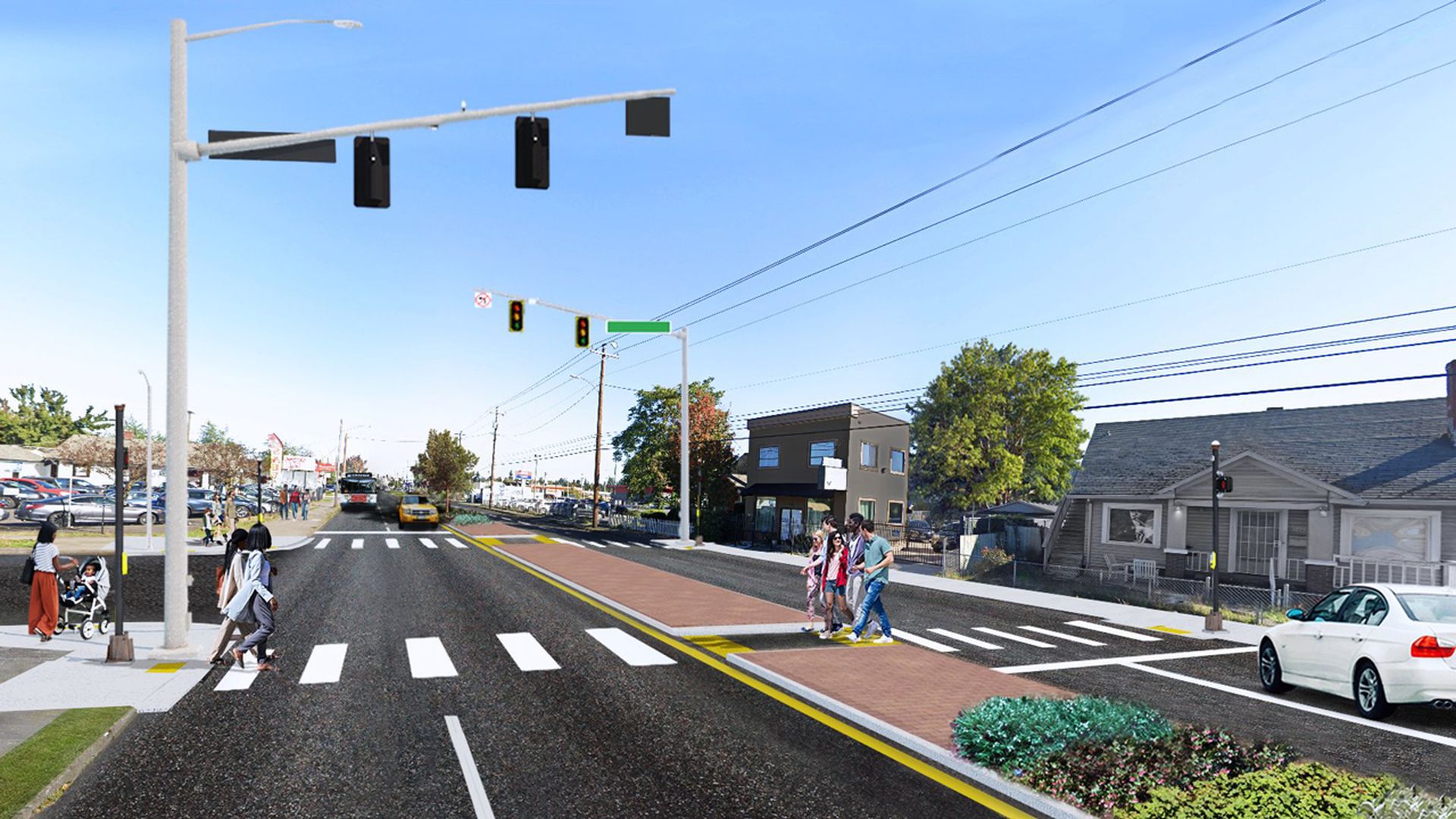 A rendering image of a street with two stoplights and people crossing a crosswalk.