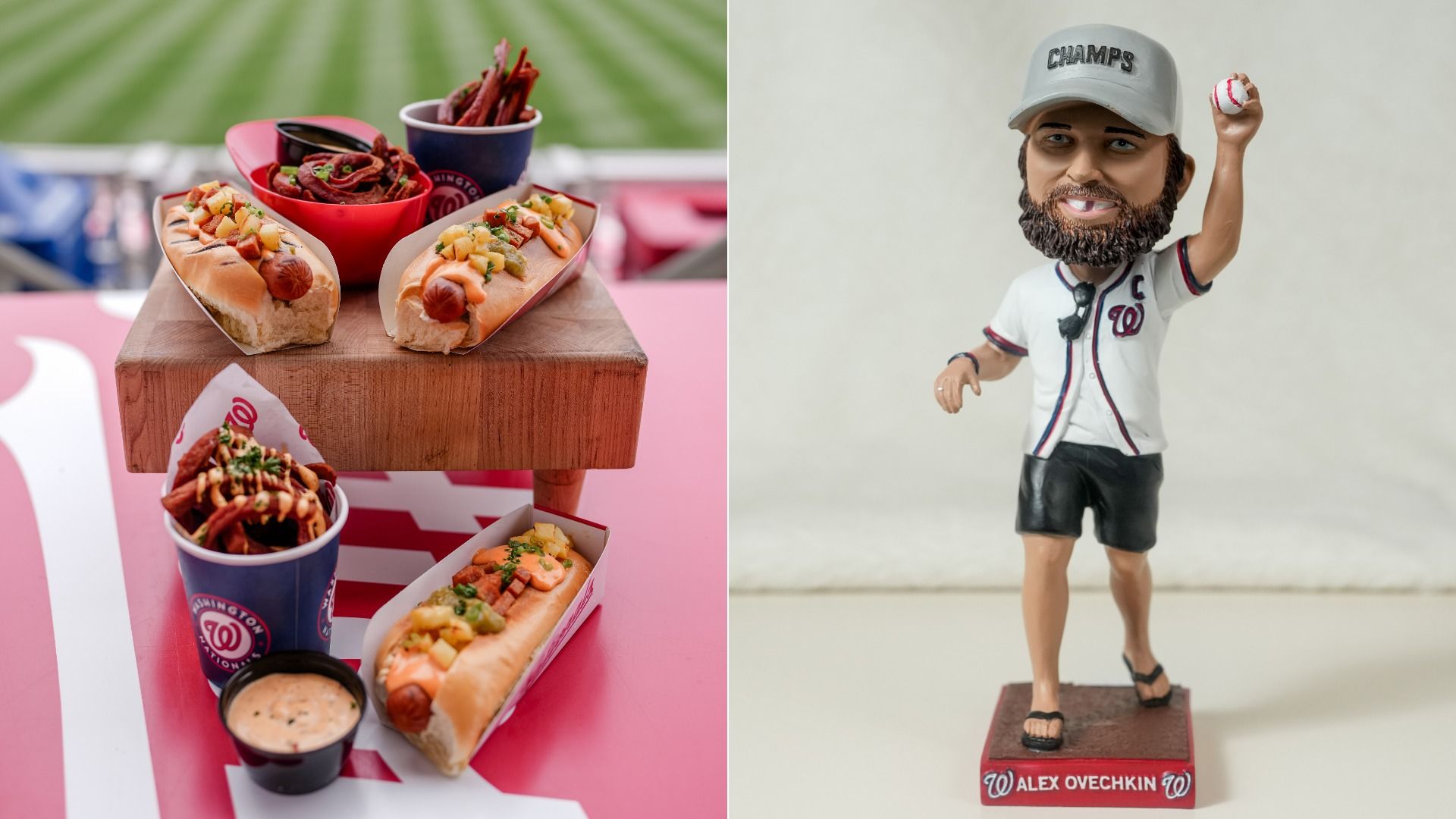 Left: two loaded hot dogs with toppings and fries on a wooden board on a pink surface. Right: a bobblehead Nationals player in a gray CHAMPS cap, raising a baseball on a red base labeled ALEX OVECHKIN.