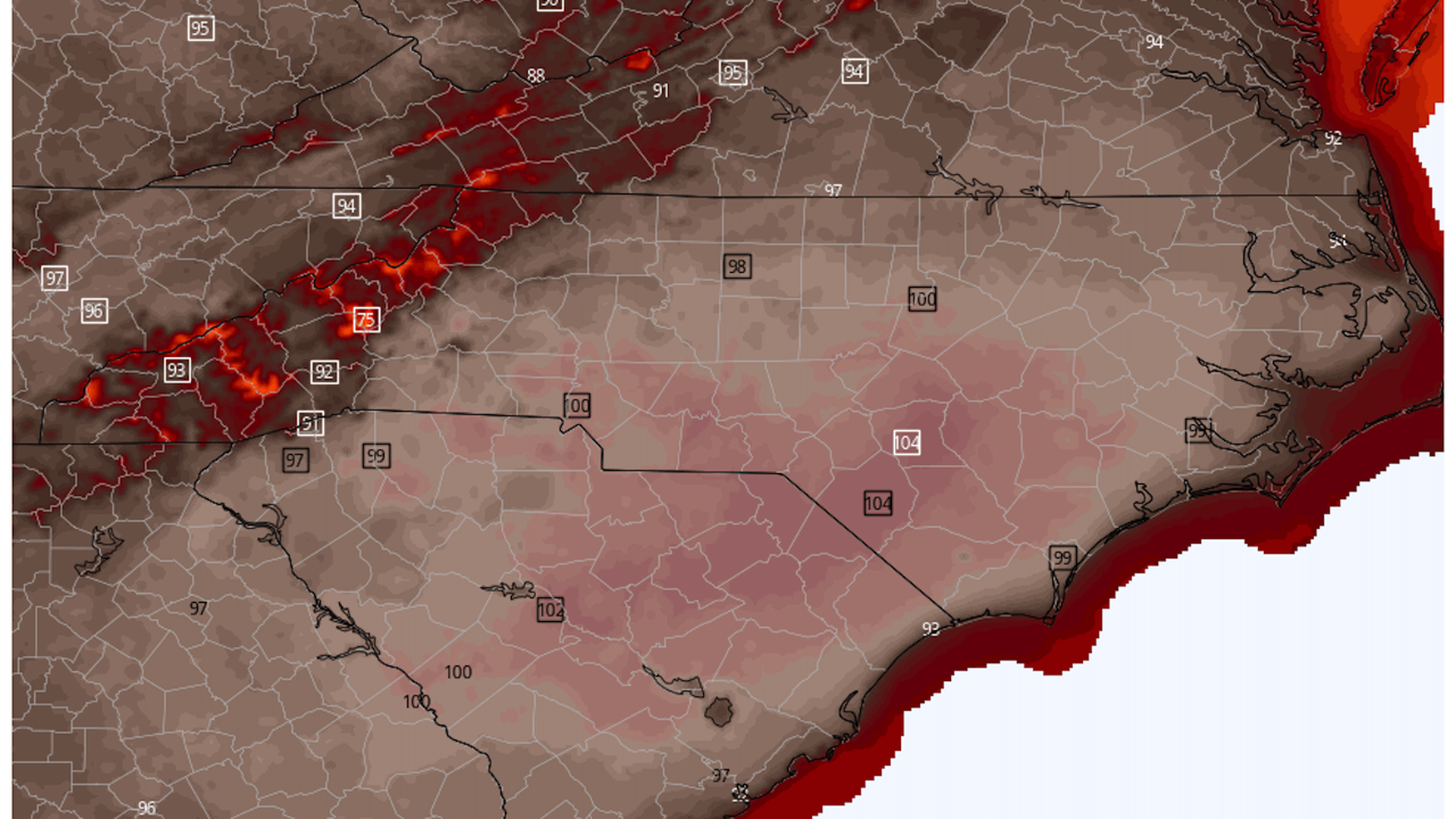 A map of temperatures showing that the Triangle could breach 100 degrees Tuesday afternoon.  