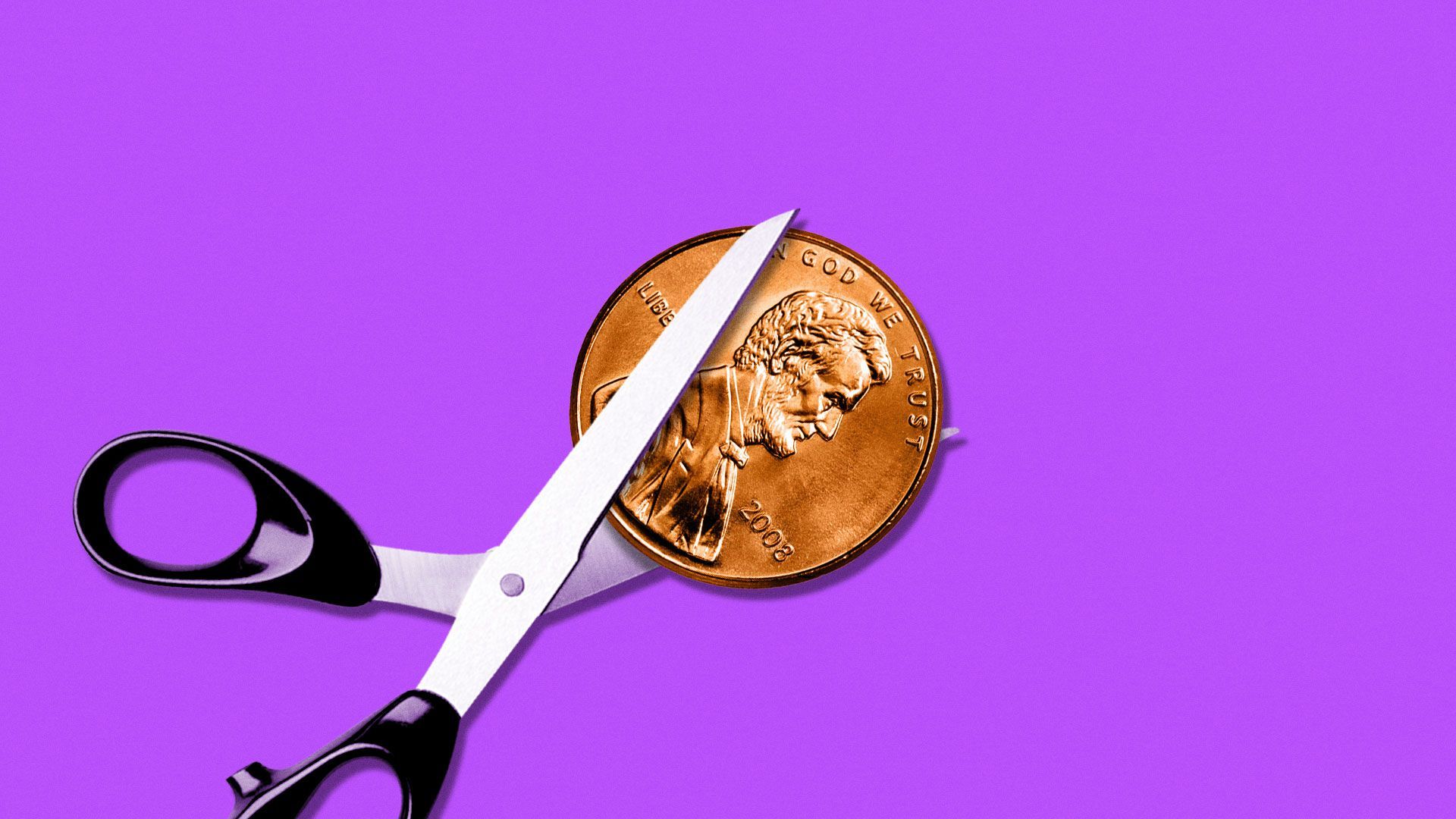 Illustration of scissors trying to cut a penny