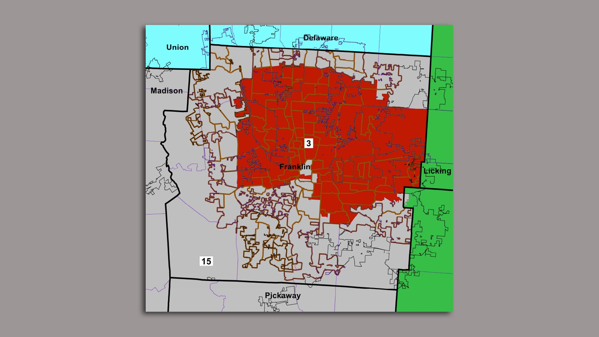 A zoom in of a new congressional map for Franklin County, Ohio, split between two districts.