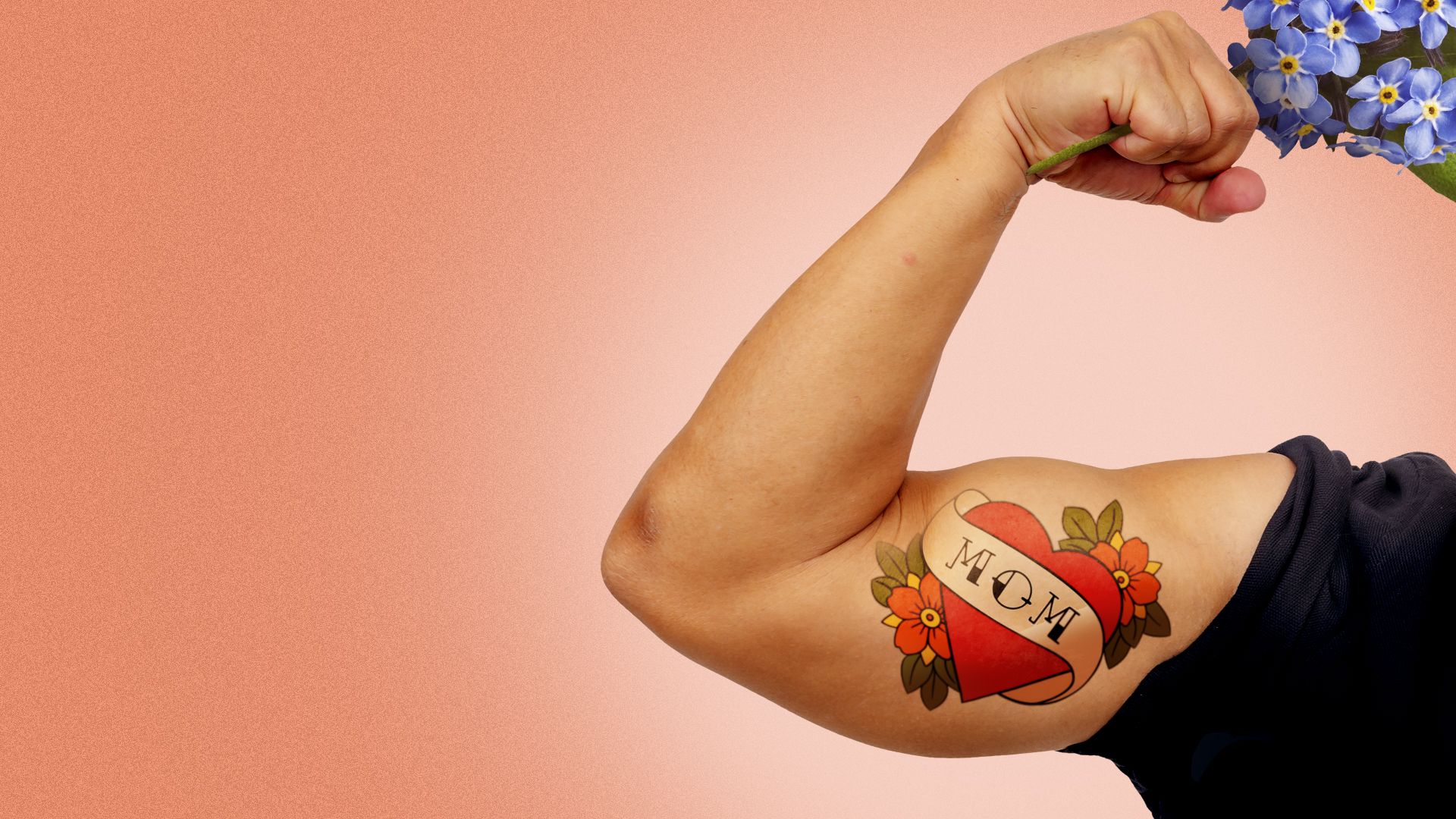 Illustration of a man flexing a bicep with a tattoo of a heart that reads "mom" whilst holding a bouquet of flowers 