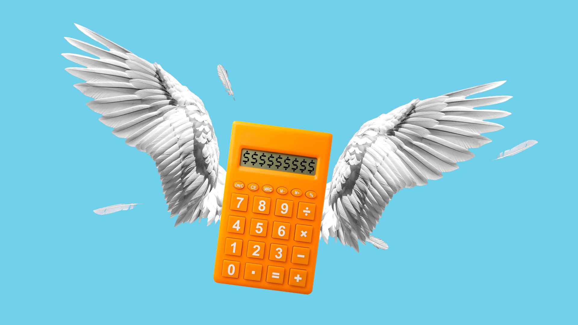 Illustration of a flying calculator with wings, multiple $ signs are displayed on the screen.  