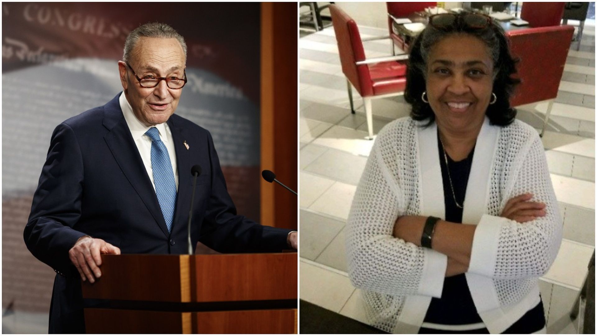 Photo of Chuck Schumer speaking on the left and Ann Berry smiling on the right