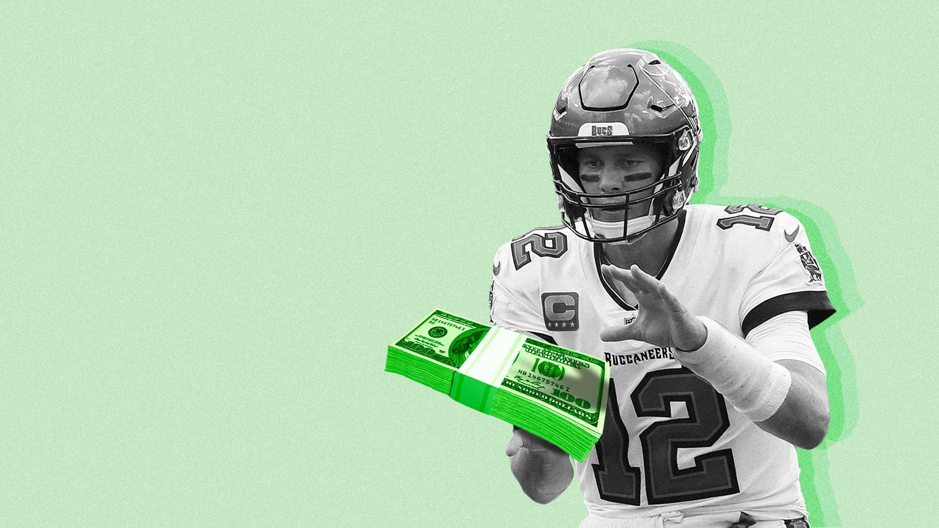 Illustration of Tom Brady in football uniform catching a stack of cash.
