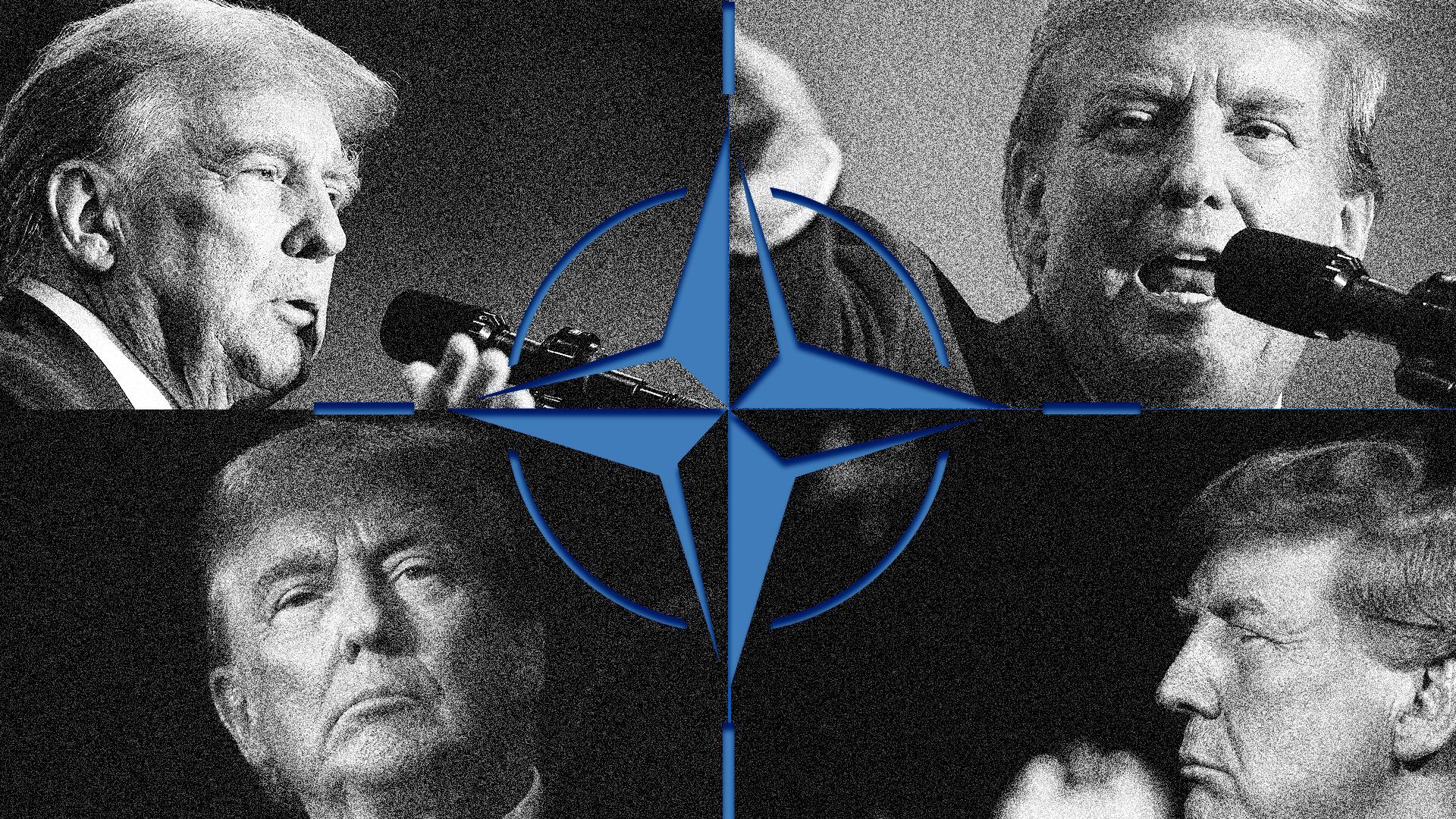 Photo illustration of four images of Trump delivering a speech divided by the NATO logo.