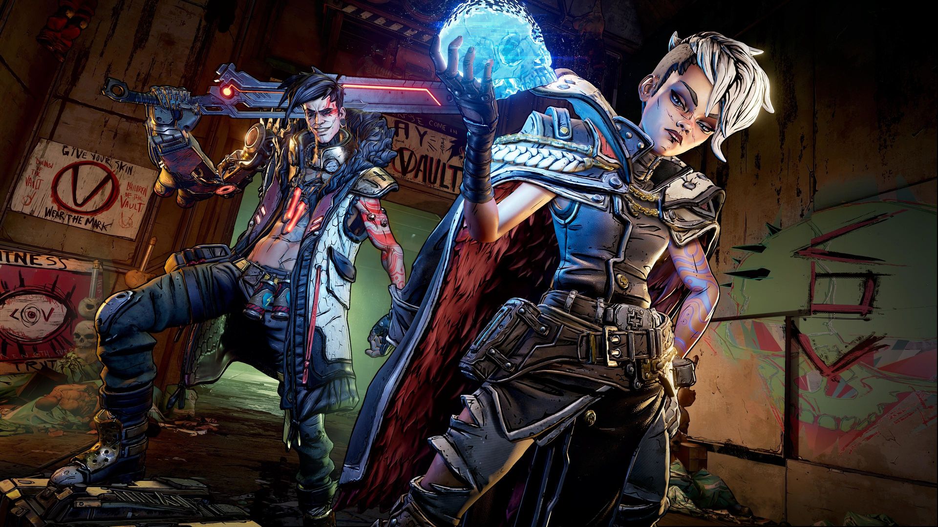 Video game screenshot of two sci-fi warriors, a man and a woman looking at the camera as they grimace