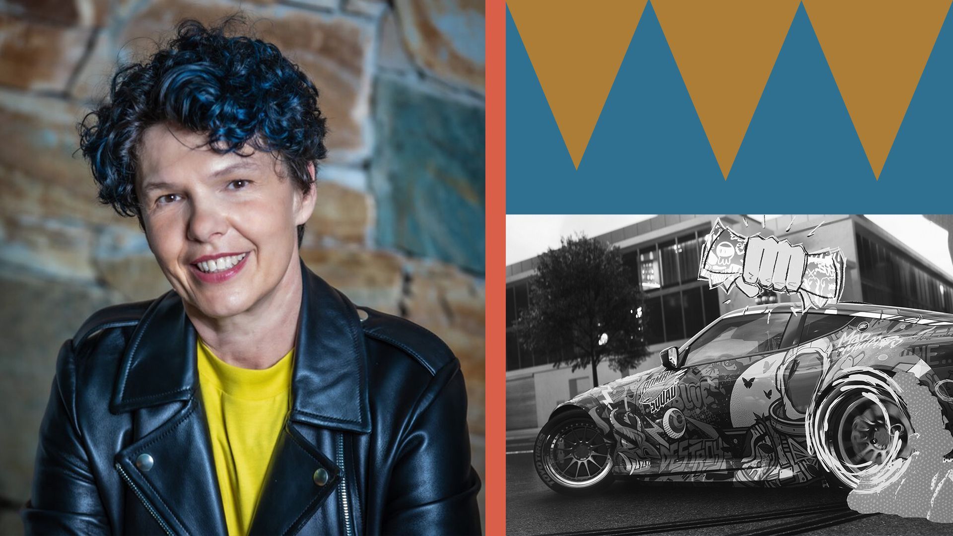 Photo illustration of Marija Radulovic-Nastic, geometric shapes and a screenshot from Need for Speed.