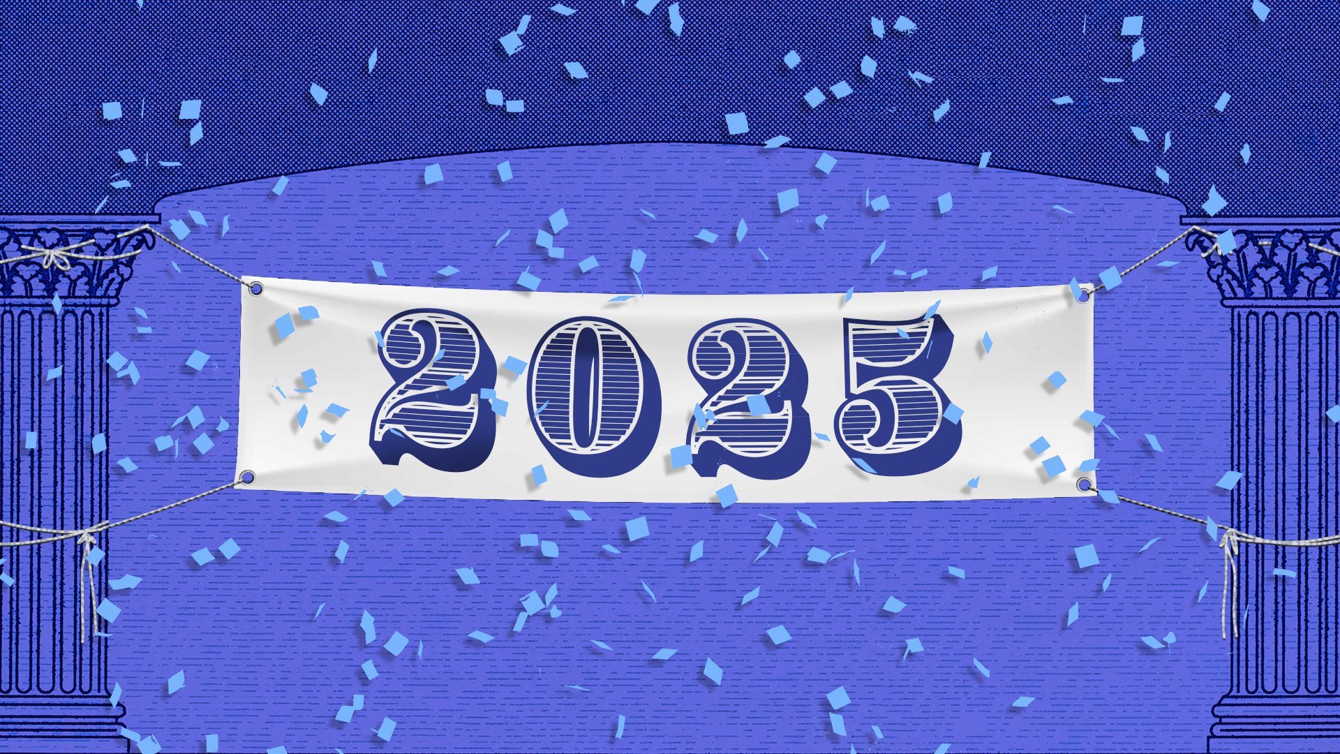 Illustration of a social security card with a banner hung between the two columns that reads "2025" and confetti falling all around. 