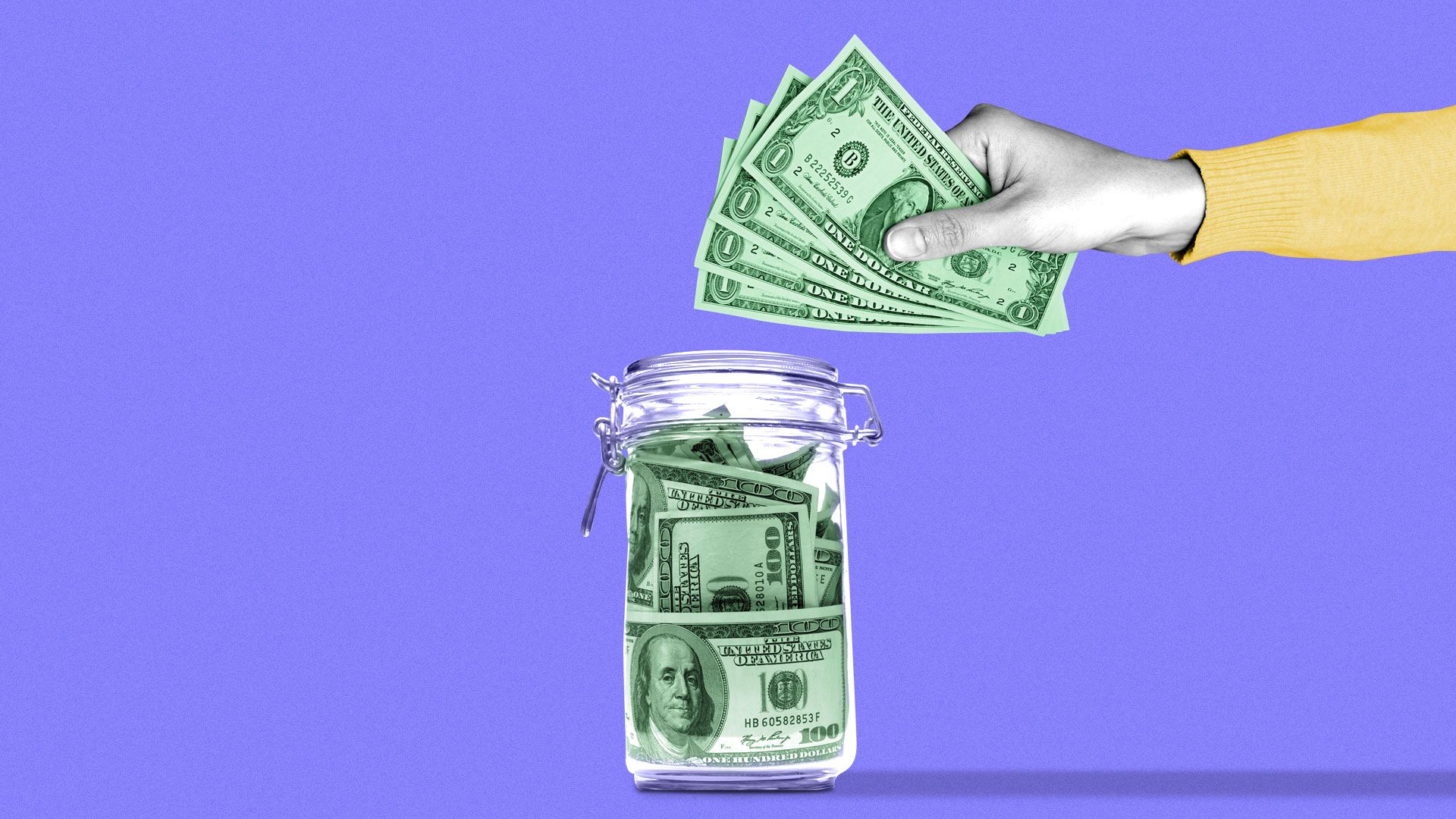 Illustration of a person trying to put money into a locked money jar.