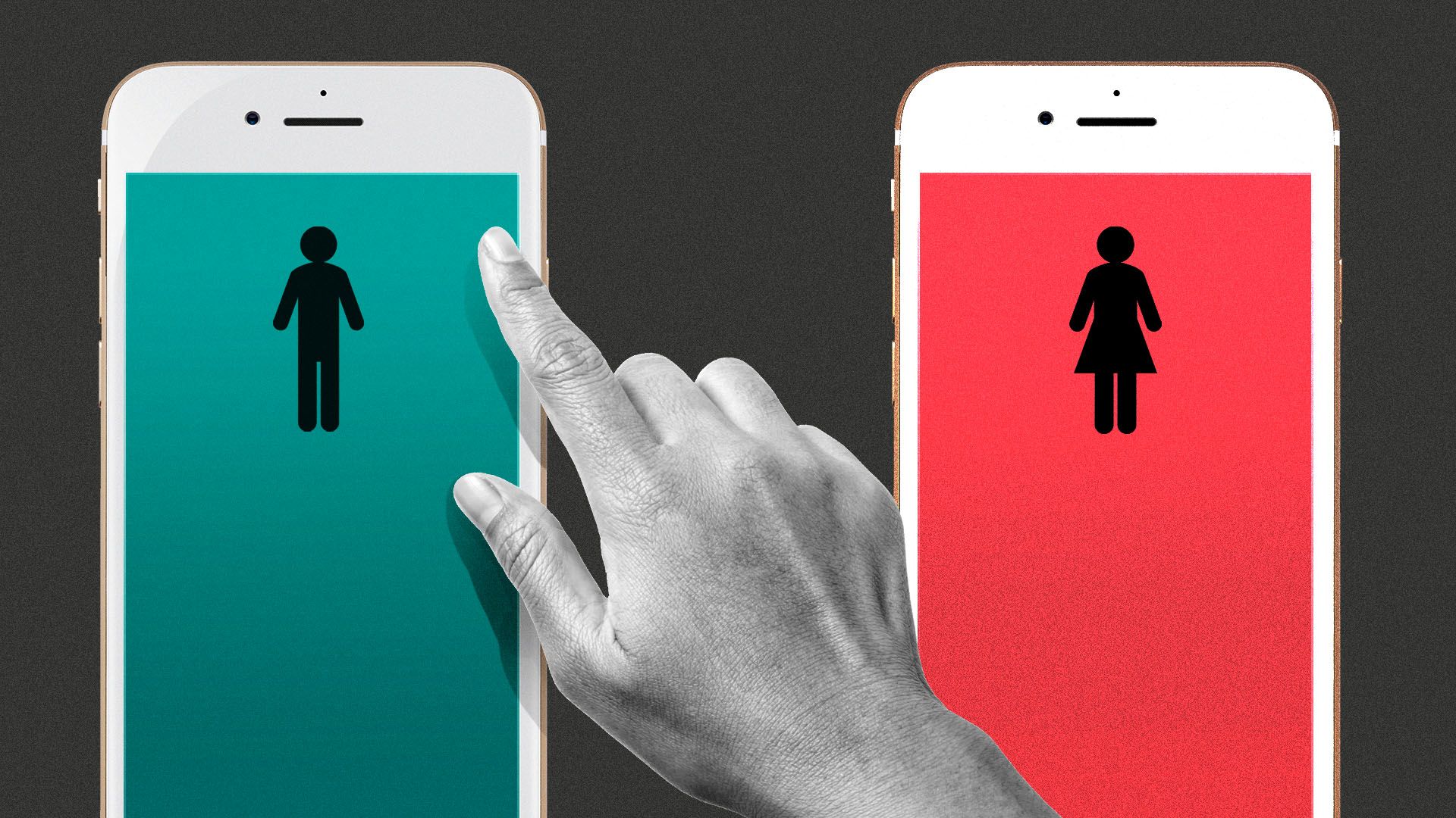 Illustration of a hand choosing between two phones, each with a male or female bathroom symbol on them