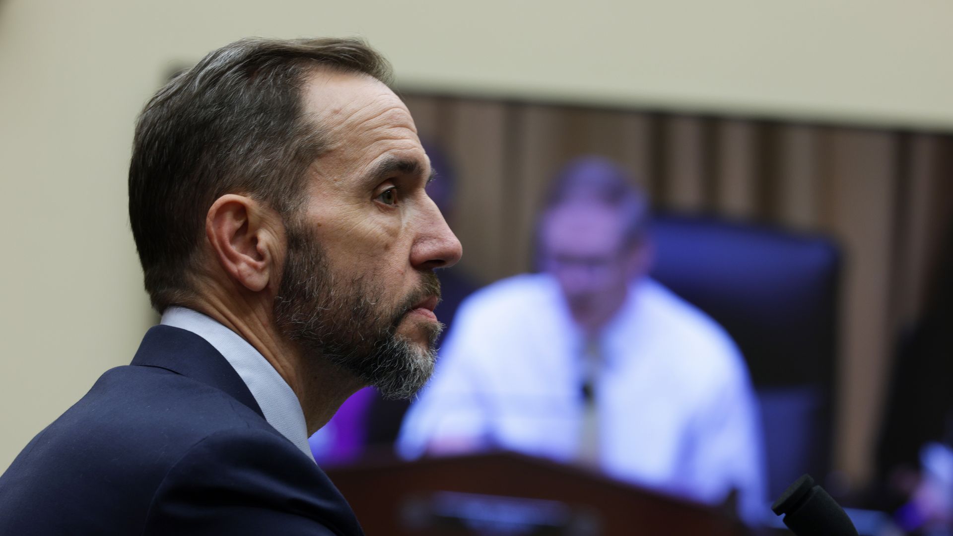 Side profile of Former Special Counsel Jack Smith, as he prepares to testify during a hearing before the House Judiciary Committee in the Rayburn House Office Building on Capitol Hill. 