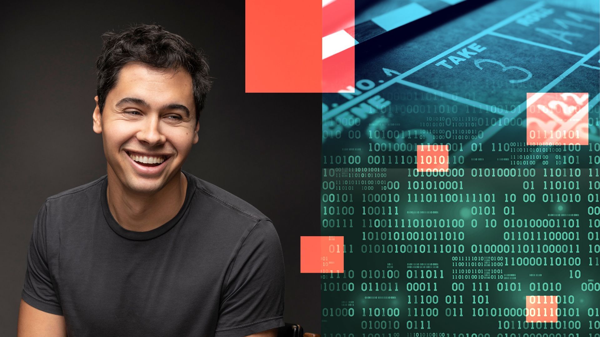 Photo illustration of Avail co-founder and CEO Chris Giliberti next to images of a film set clapper and binary code