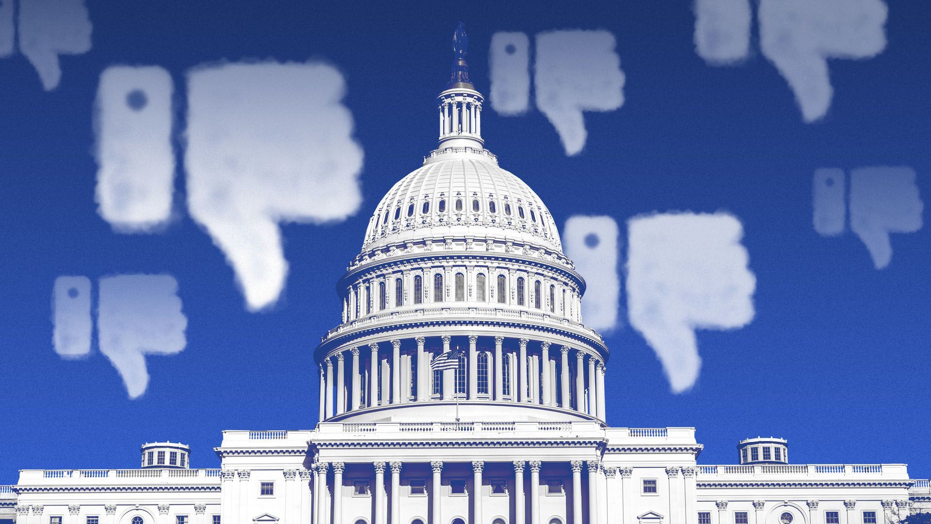 Illustration of the Capitol Building with thumbs down clouds floating behind it