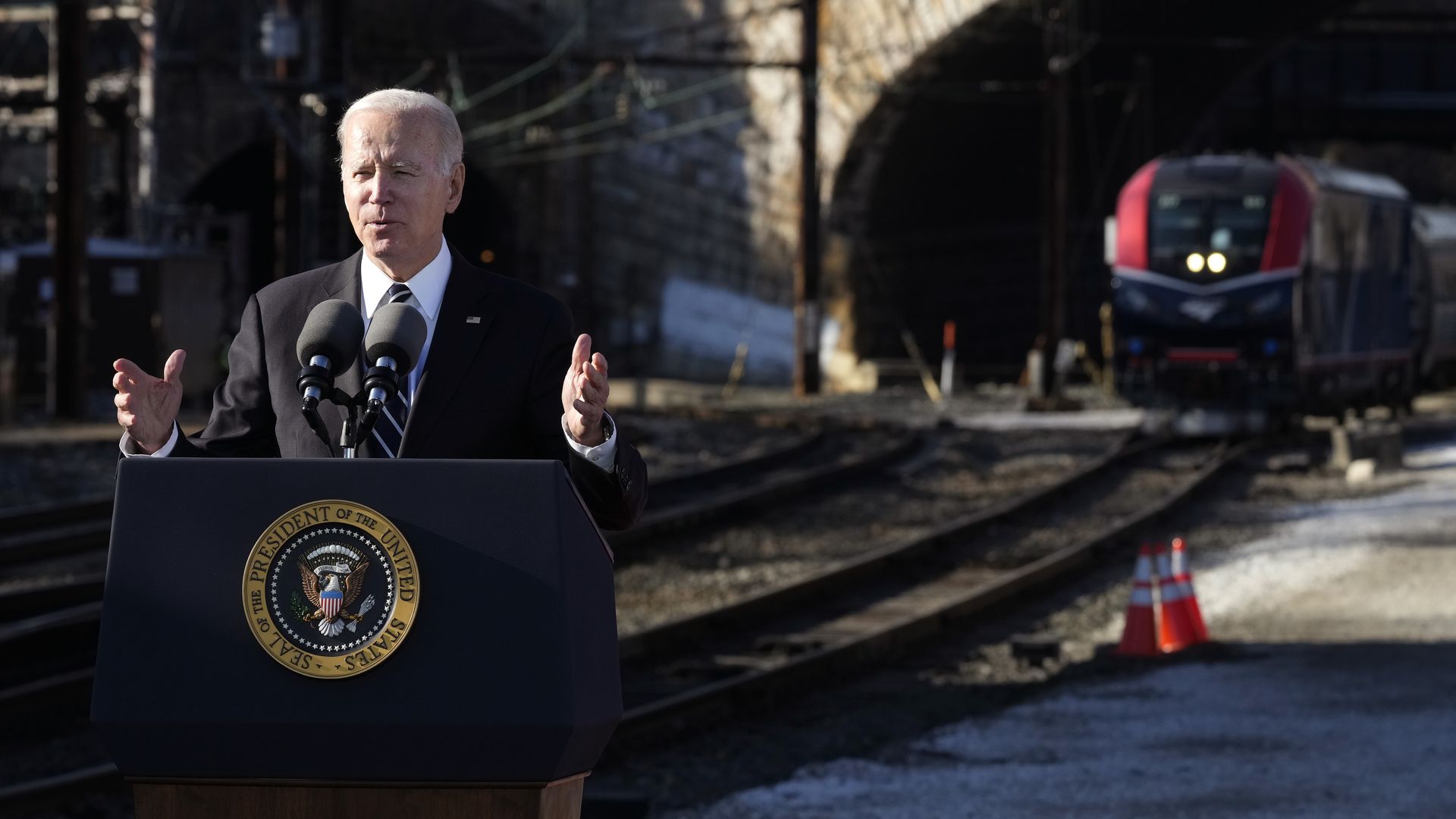 U.S. President Joe Biden speaks at the Baltimore and Potomac Tunnel North Portal on January 30, 2023 in Baltimore, Maryland. 