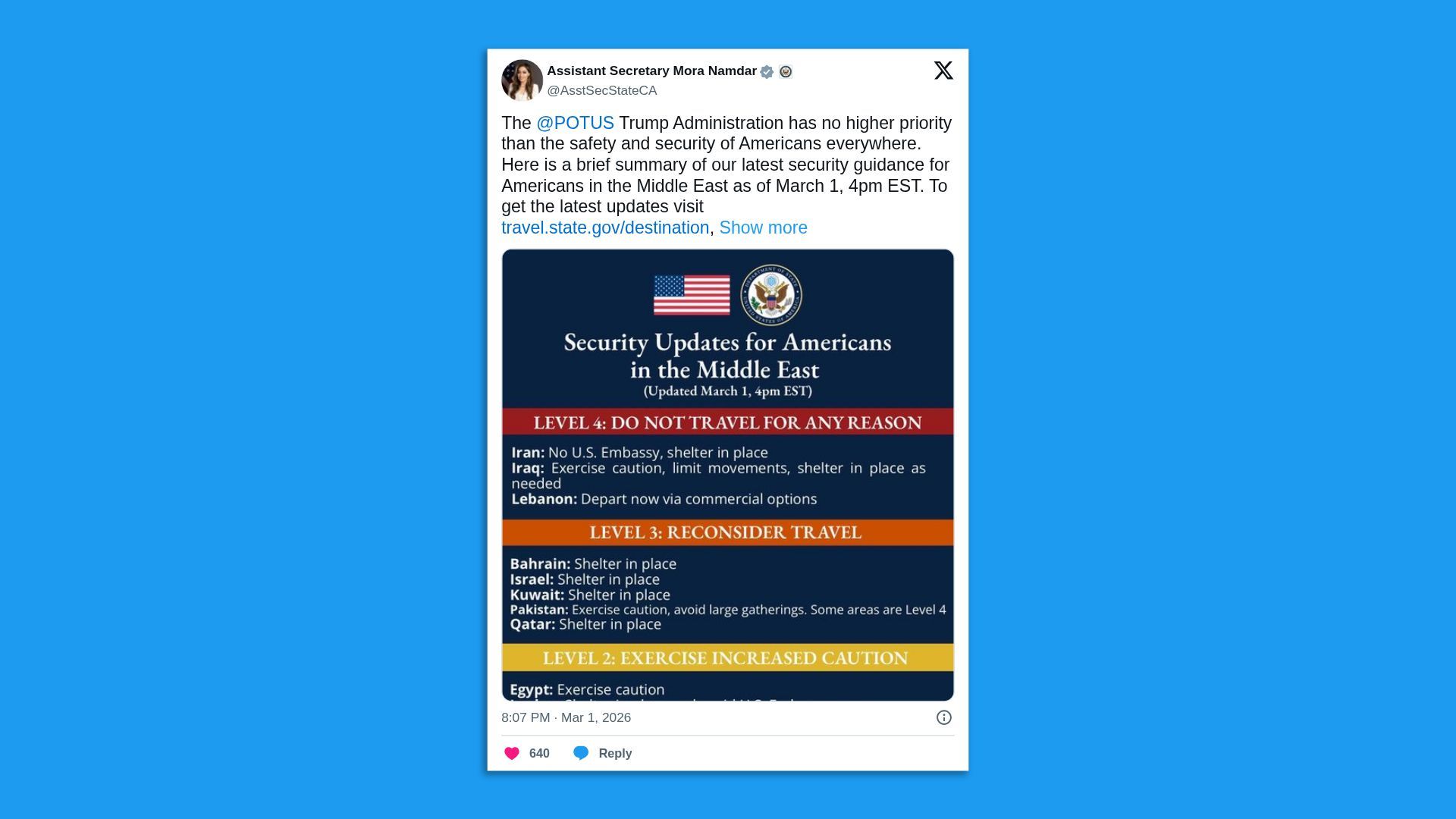 Tweet from Assistant Secretary Mora Namdar about security updates for Americans in the Middle East, including travel warnings: Level 4 no travel to Iran, Iraq, Lebanon; Level 3 reconsider travel to Bahrain, Israel, Kuwait, Pakistan, Qatar; Level 2 exercise caution in Egypt.