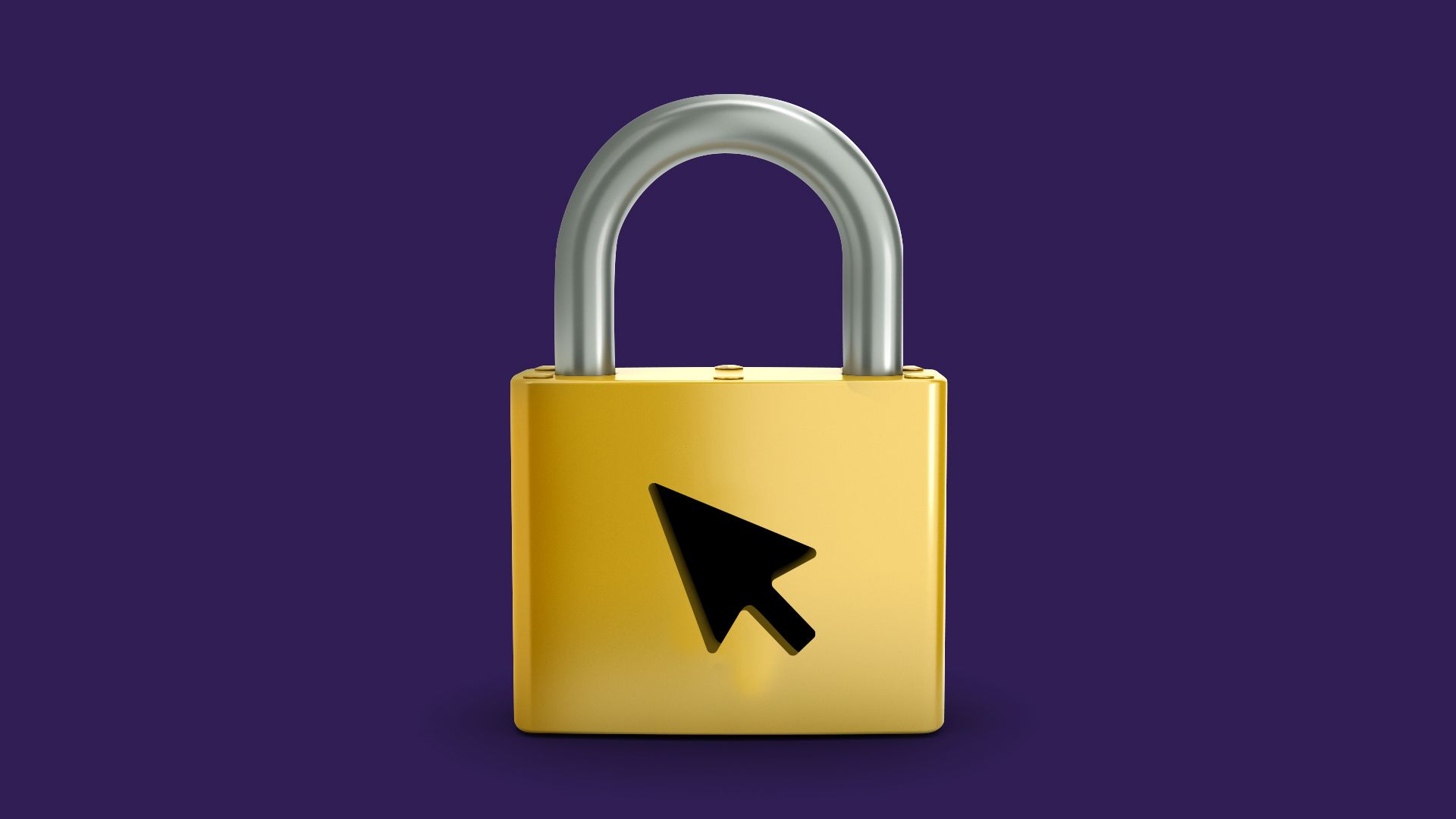 Golden padlock with a black computer cursor arrow symbol on the front, set against a dark purple background.