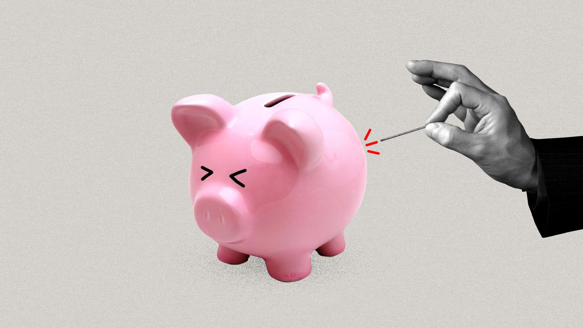 In this illustration, a piggy bank is poked with a needle by a man wearing a suit