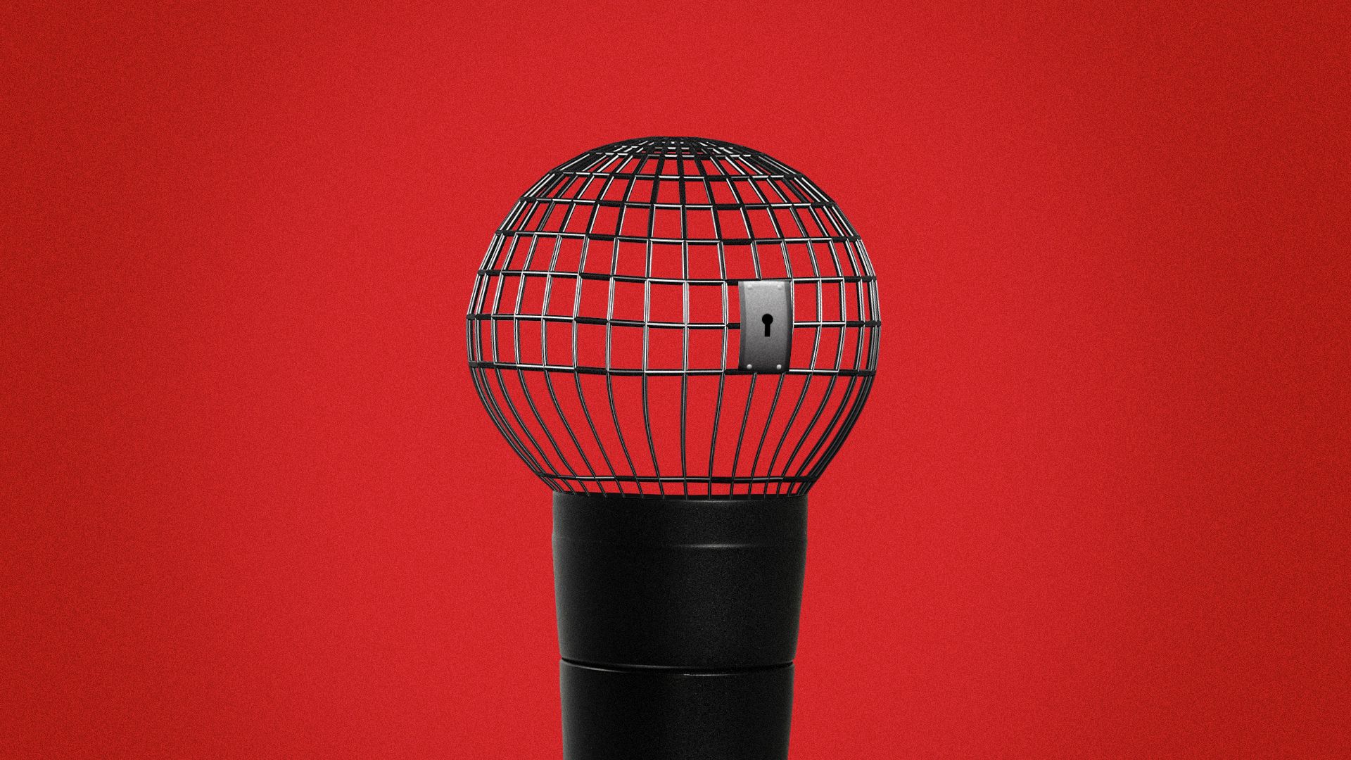 Illustration of a jail cell replacing the top of a microphone.