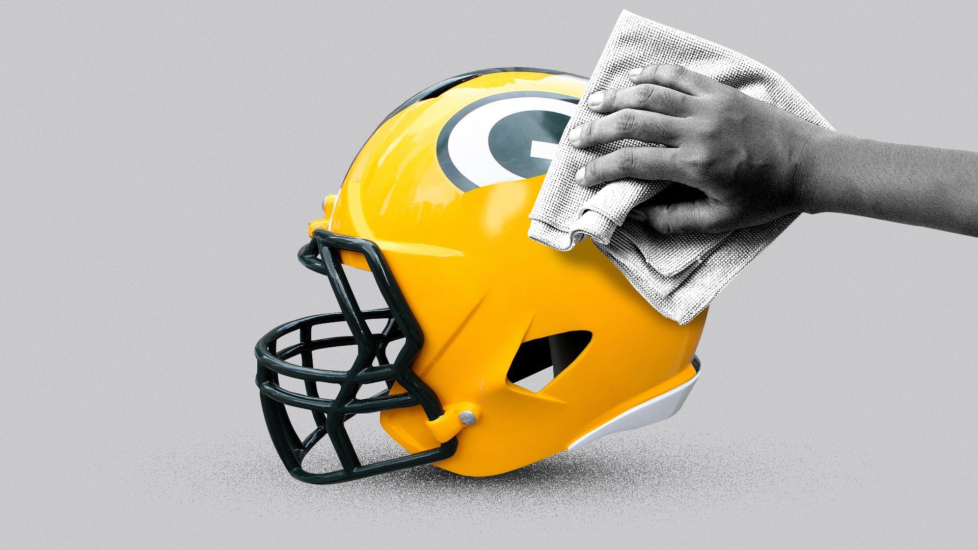 Illustration of a hand wiping the Packers' logo off of a football helmet