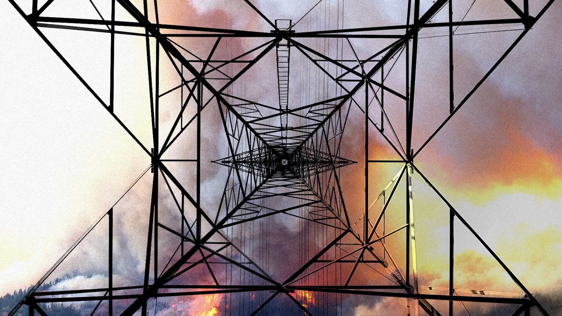 Collage illustration of an upward view of an electric tower with smoke and flames from a wildfire in the background
