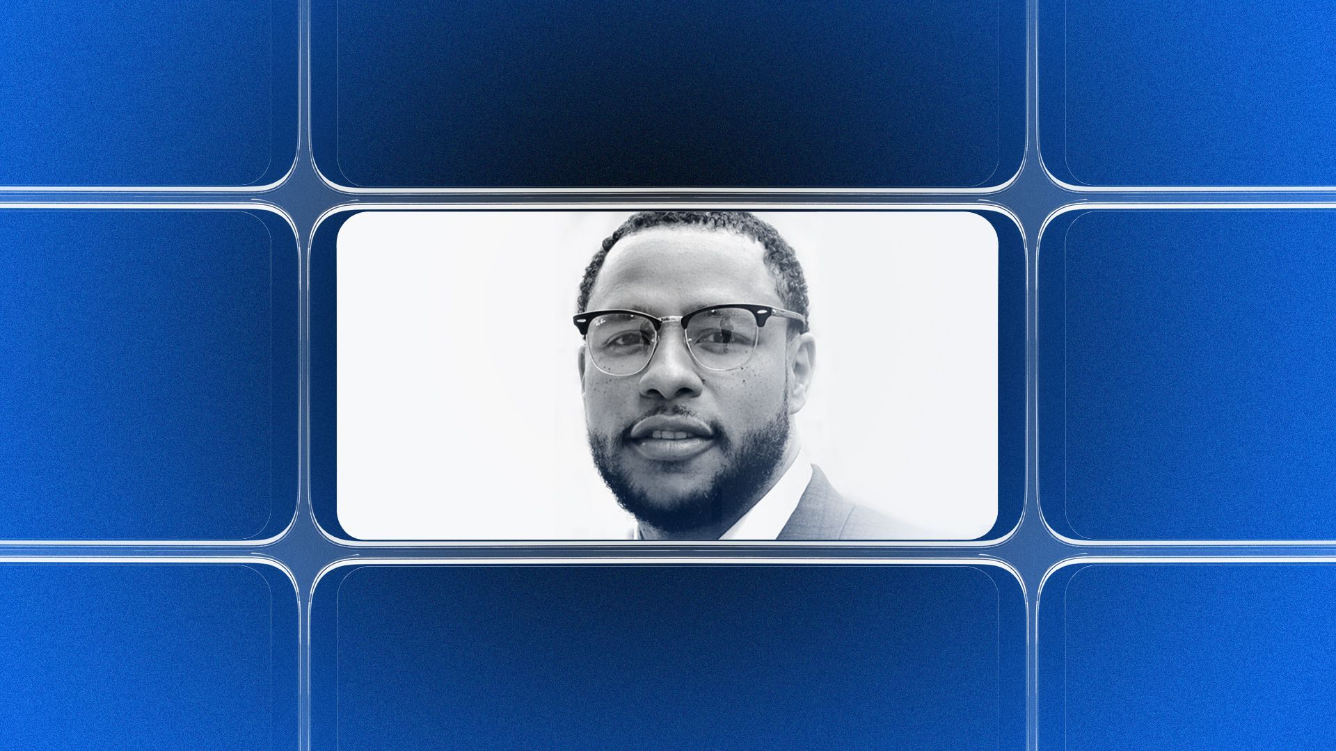 Photo illustration of a grid of smartphone screens, the center one showing an image of Odin Palacio.