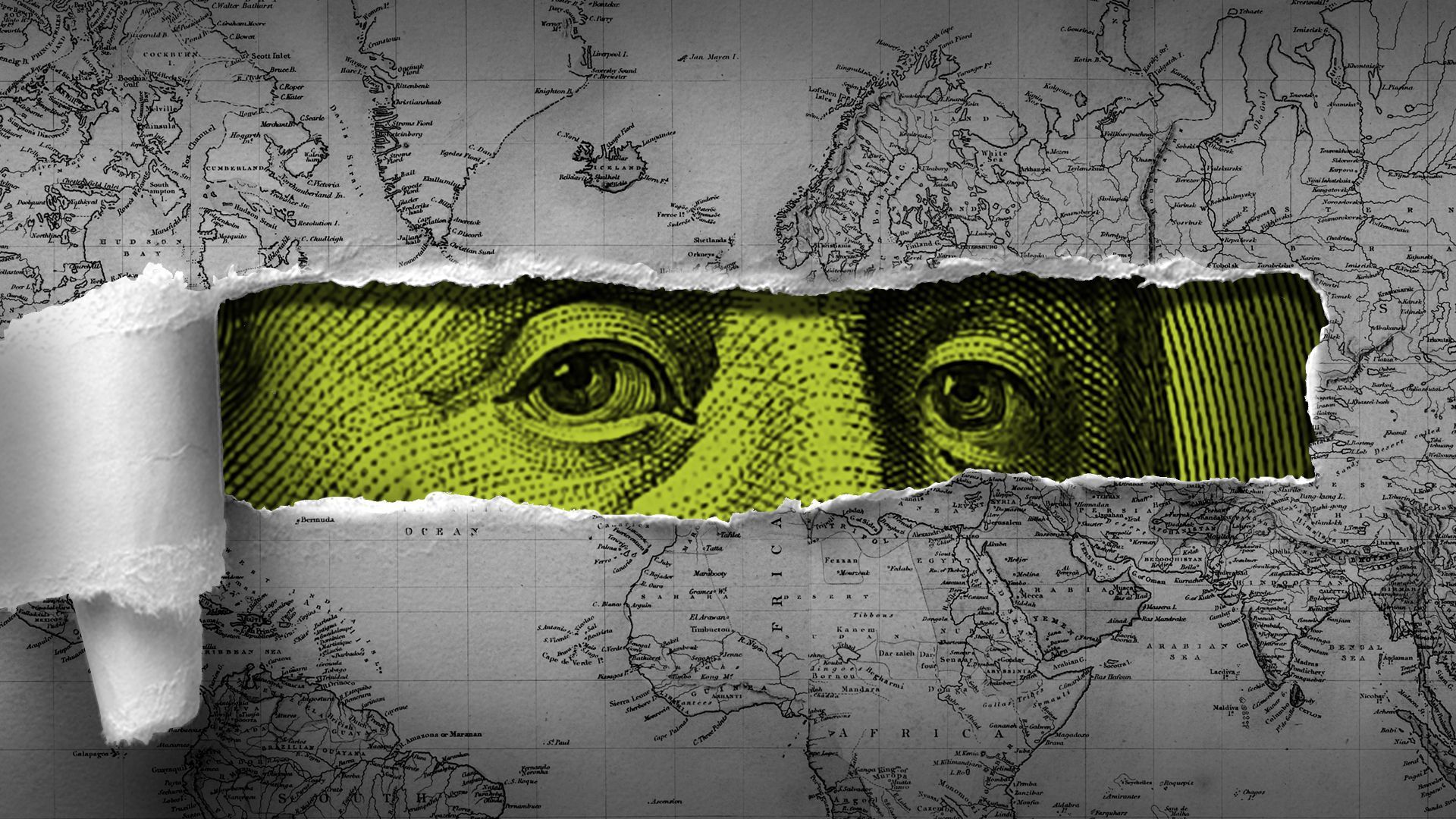 Illustration of a world map tearing to reveal a hundred dollar bill