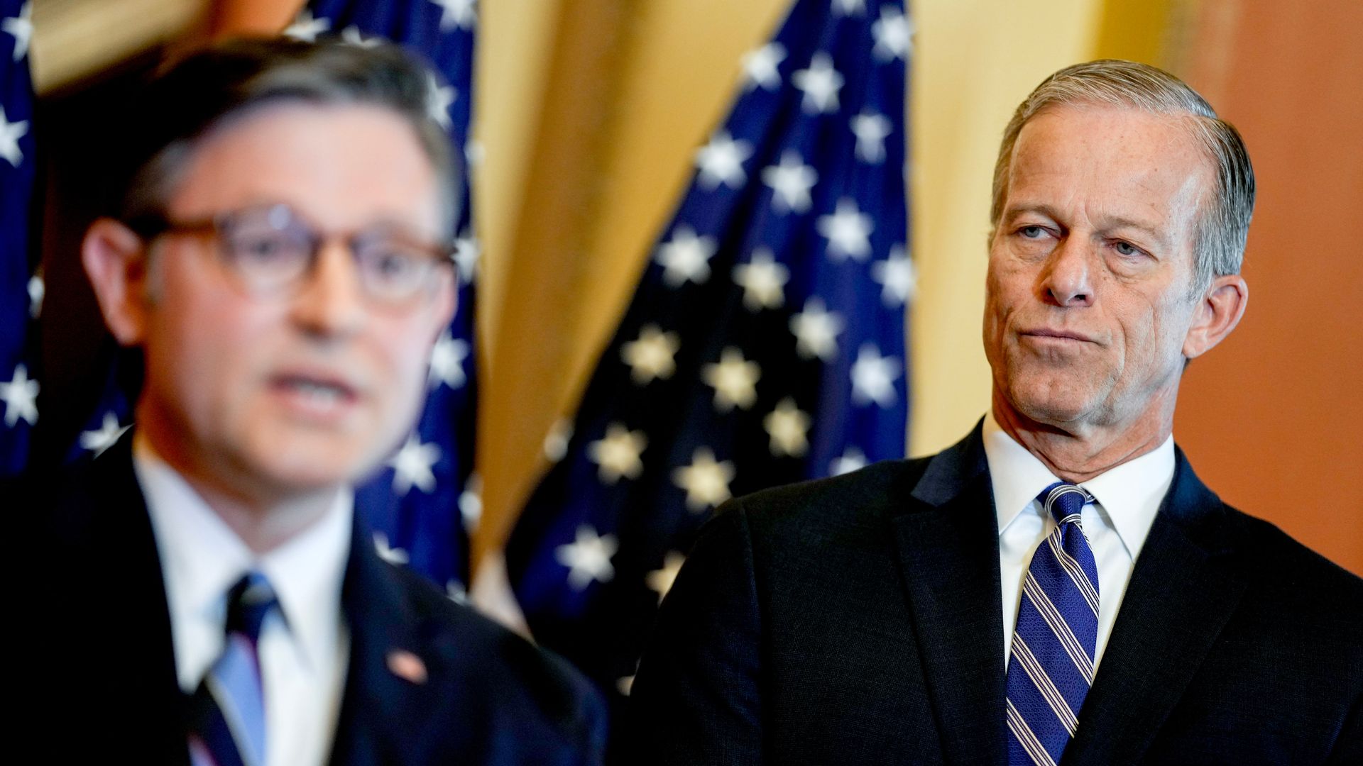 US House Speaker Mike Johnson, a Republican from Louisiana, left, and Senate Majority Leader John Thune, a Republican from South Dakota, during a news conference at the US Capitol 