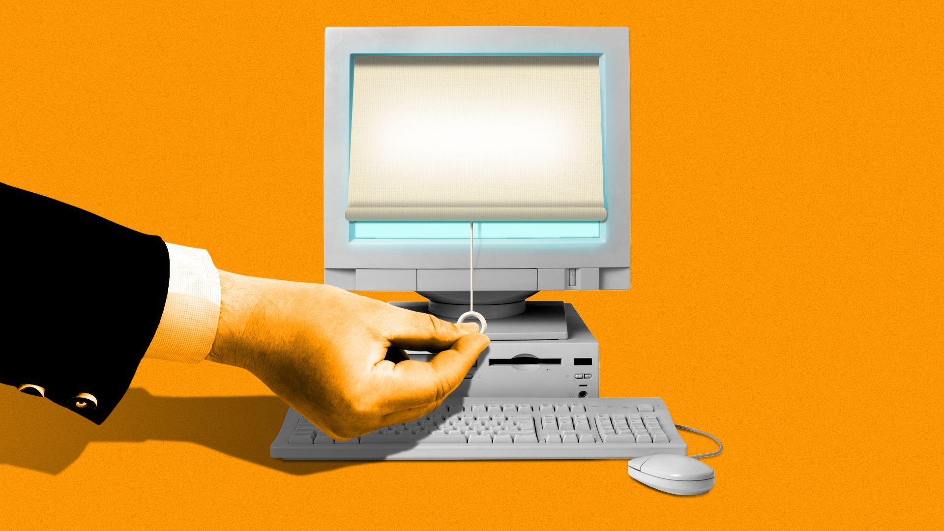 Illustration of a hand in a suit pulling a shade down on a computer screen