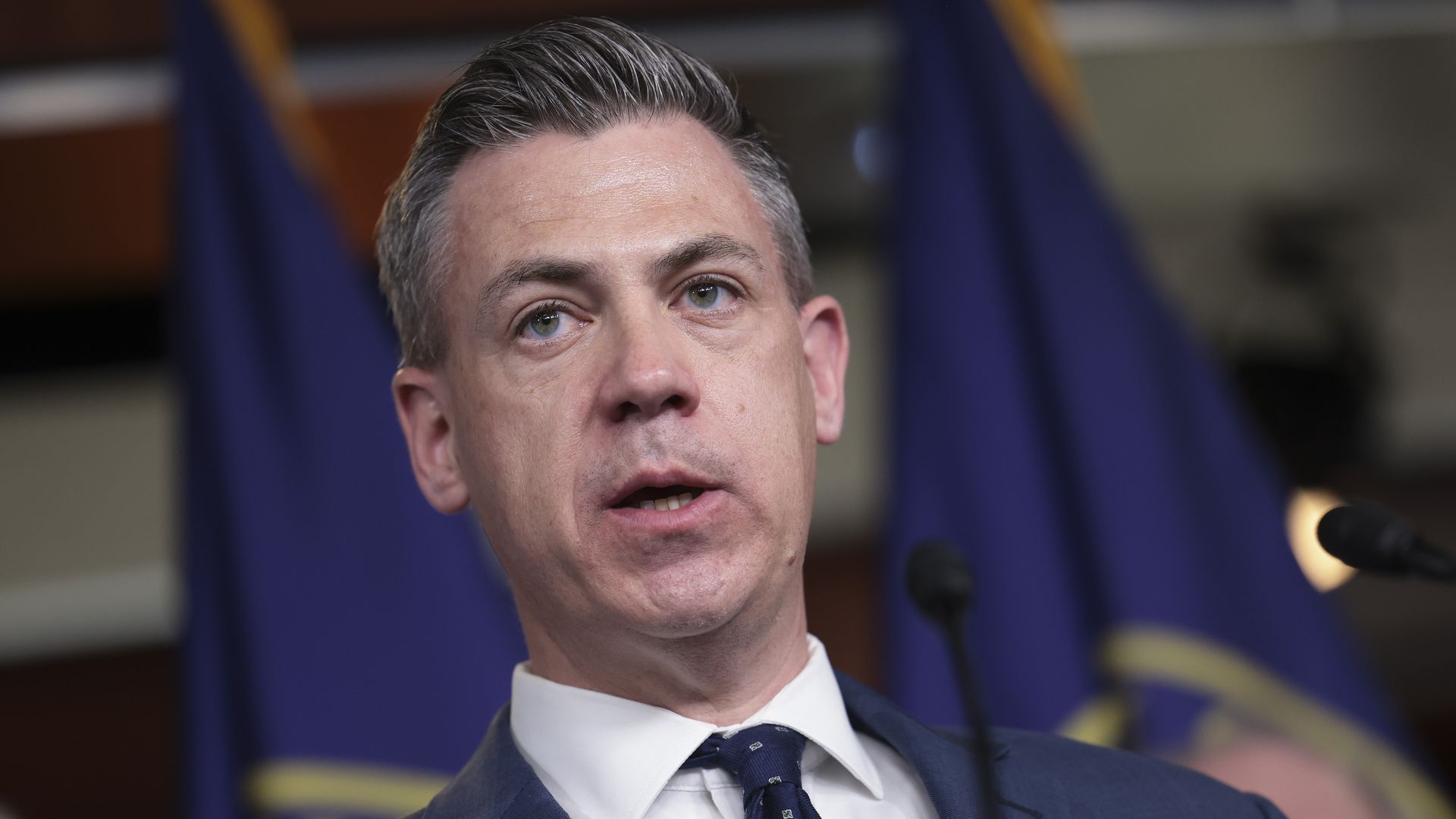 Rep. Jim Banks is seen speaking during a news conference.