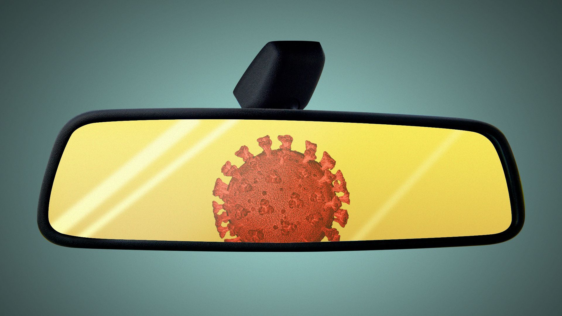 Illustration of a covid particle reflected in a rearview mirror