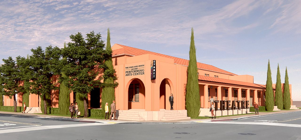 A rendering of the exterior of a terracotta-colored, Spanish-style building that's a new performing arts center.