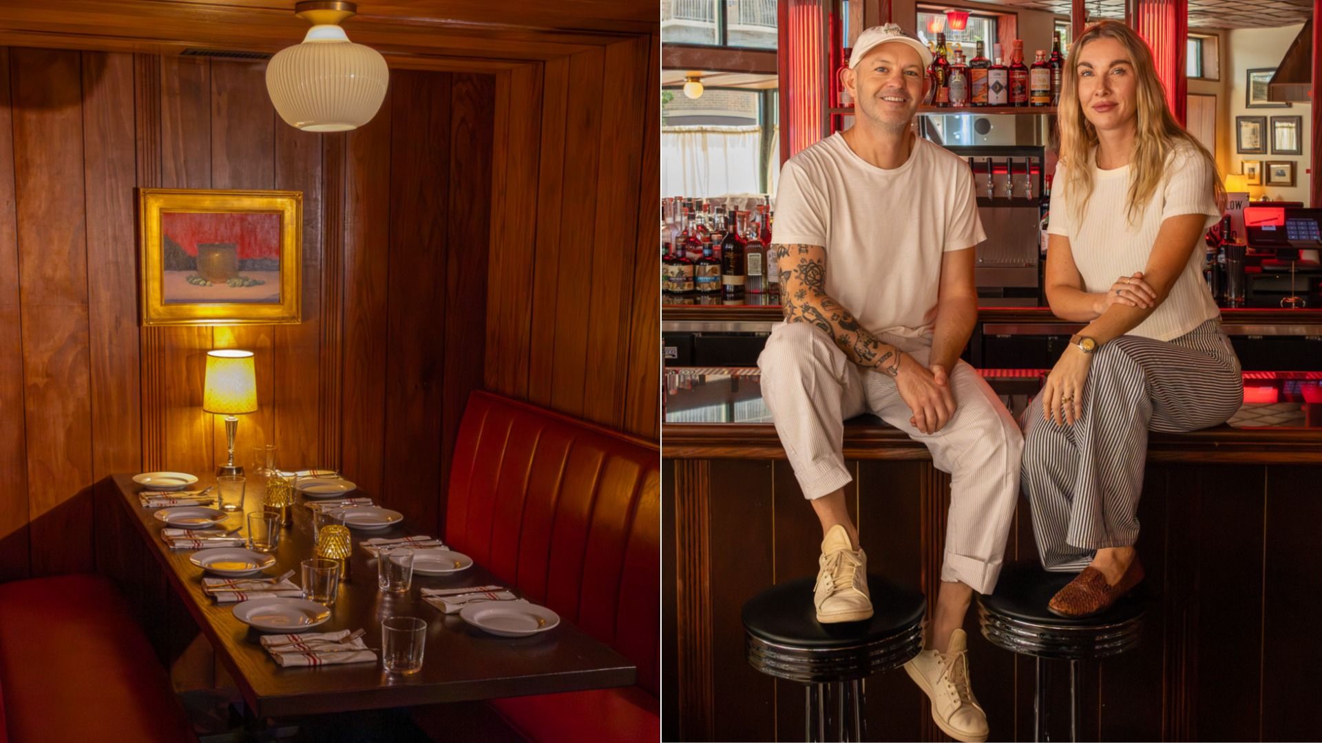 Split image: left shows a wood-paneled diner booth with a lamp and a framed painting; right shows two people at a bar with bottles behind, a tattooed man in white and a woman in striped pants.