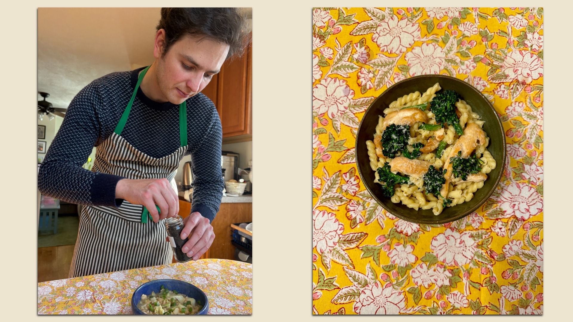 Two-panel image: left image shows Andrew Little sprinkling black pepper over a meal, and the right image shows chicken pasta broccoli on Little's kitchen table, which has a yellow floral tablecloth.