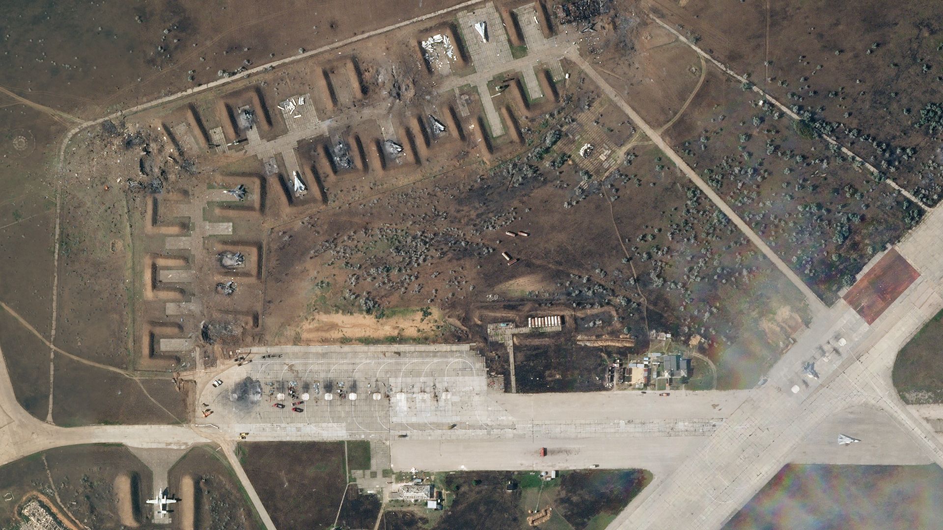 A satellite image showing the aftermath of the Ukrainian strike on Saki Air Base in southwest Crimea captured  on Aug. 10. 