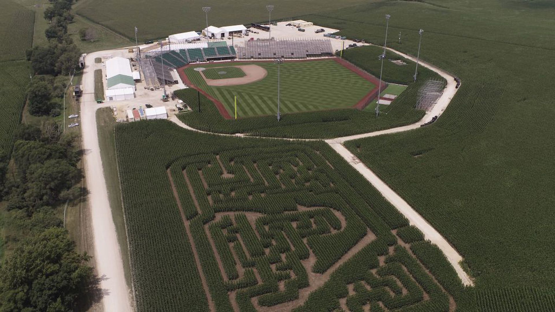 An aerial view of Field of Dreams in Dyersville, Iowa
