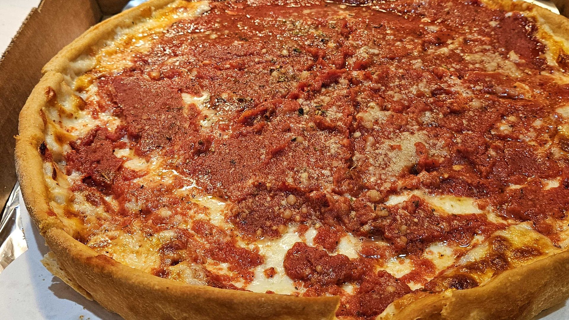 A deep dish pizza