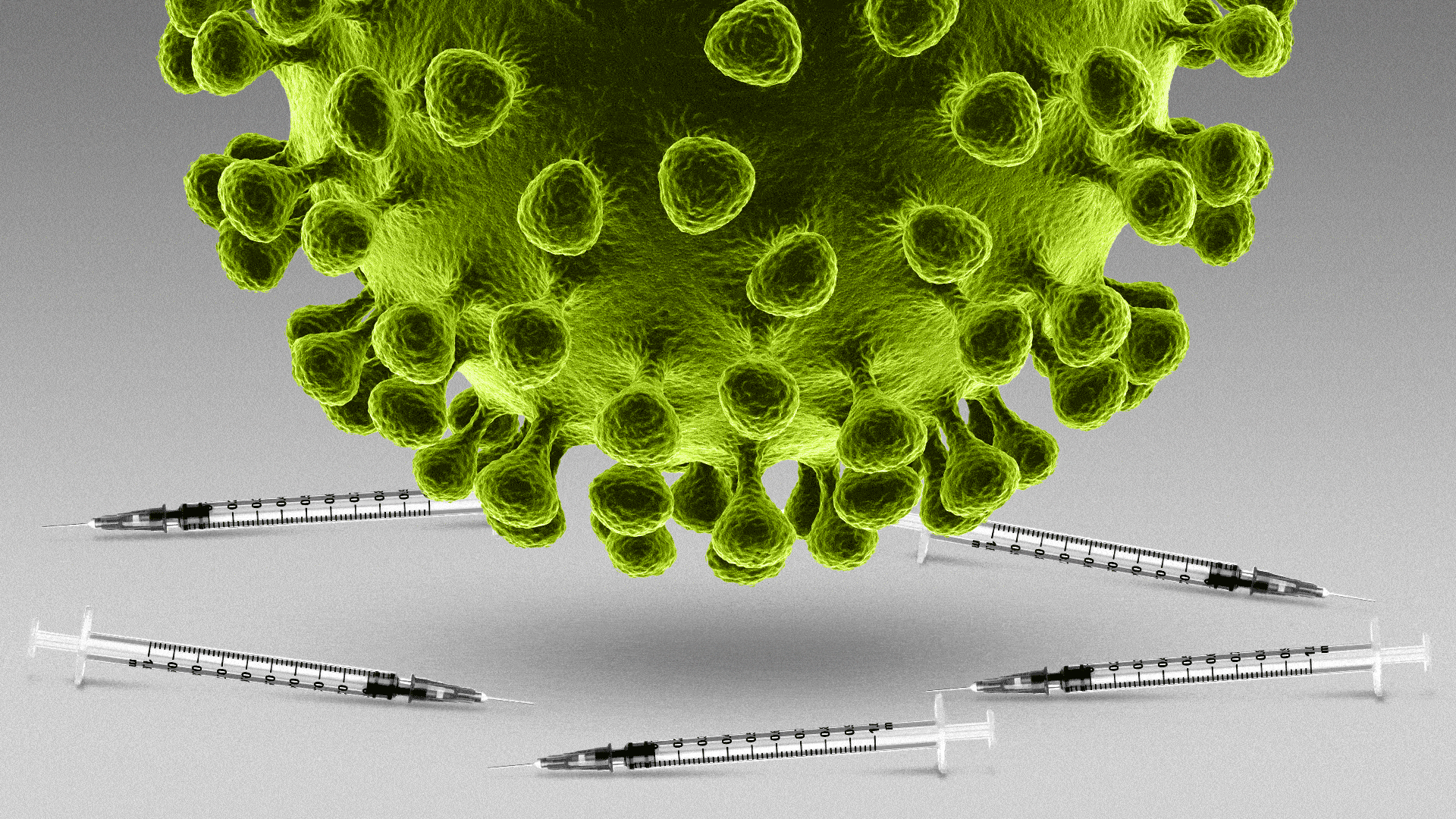 Illustration of an animated hovering coronavirus cell surrounded by empty vaccine syringes. 
