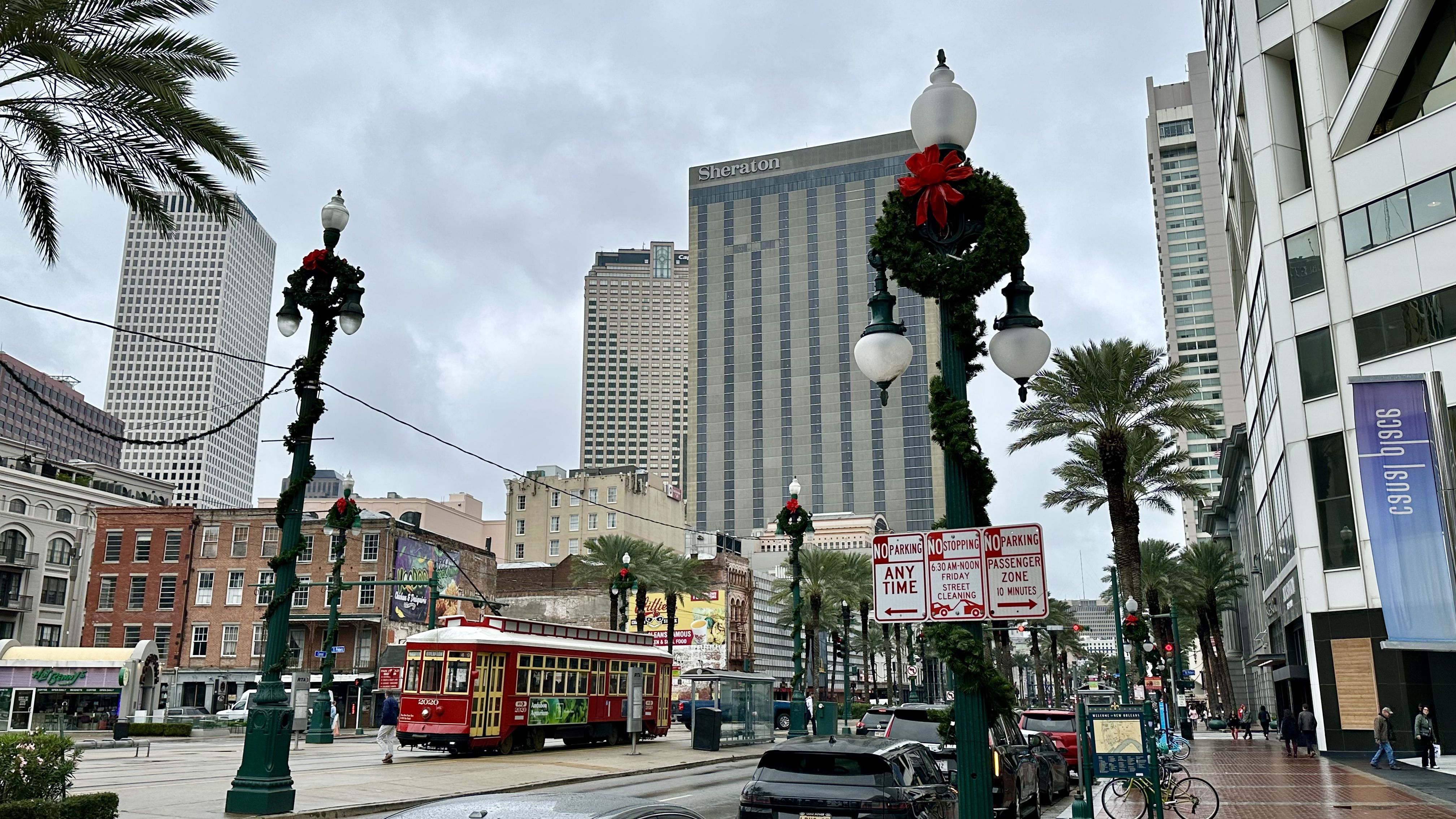 Photo shows Christmas wreaths on Canal Street