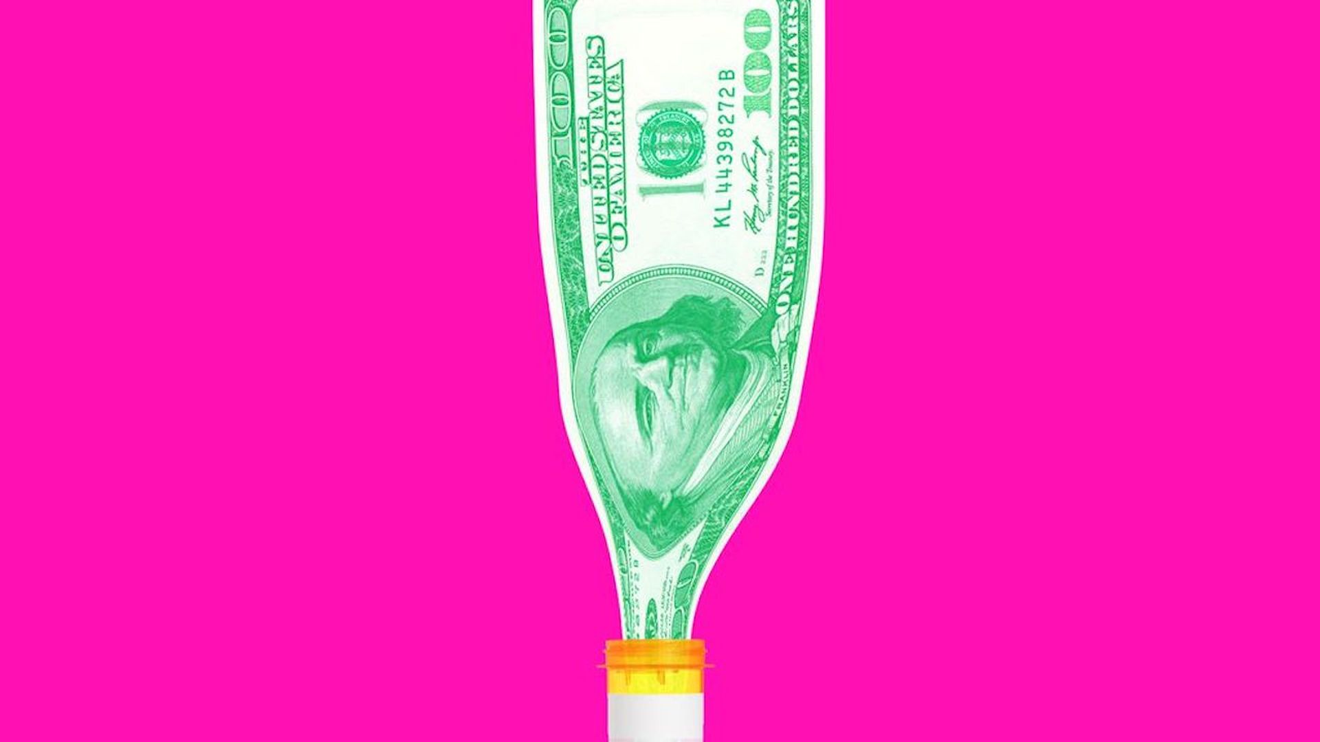Illustration of a hundred dollar bill squeezing into a prescription bottle