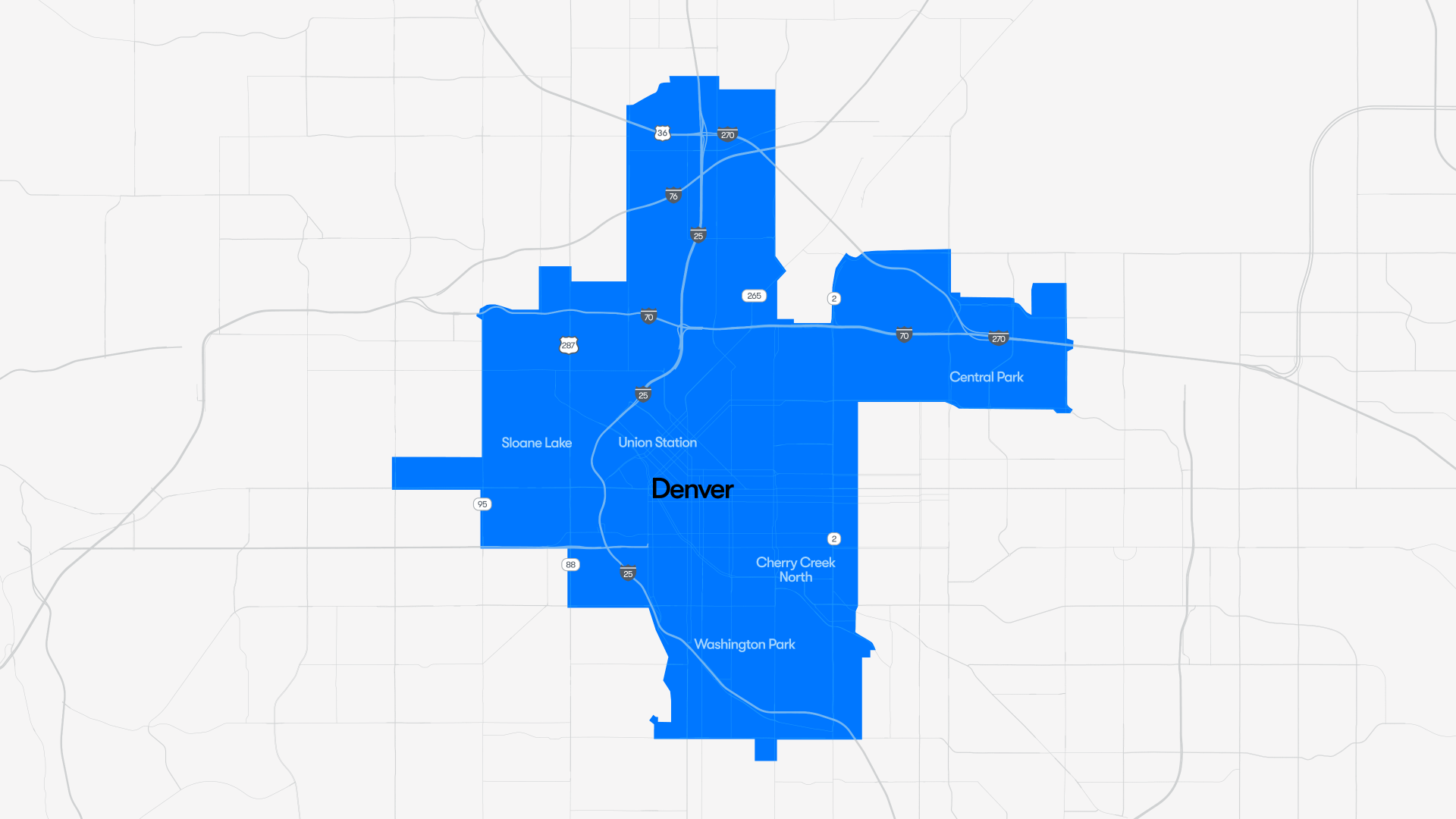 Map of Denver, Colorado with the city area shaded blue, highlighting central Denver and nearby neighborhoods like Union Station, Sloane Lake, Central Park, and Cherry Creek North; gray roads visible.
