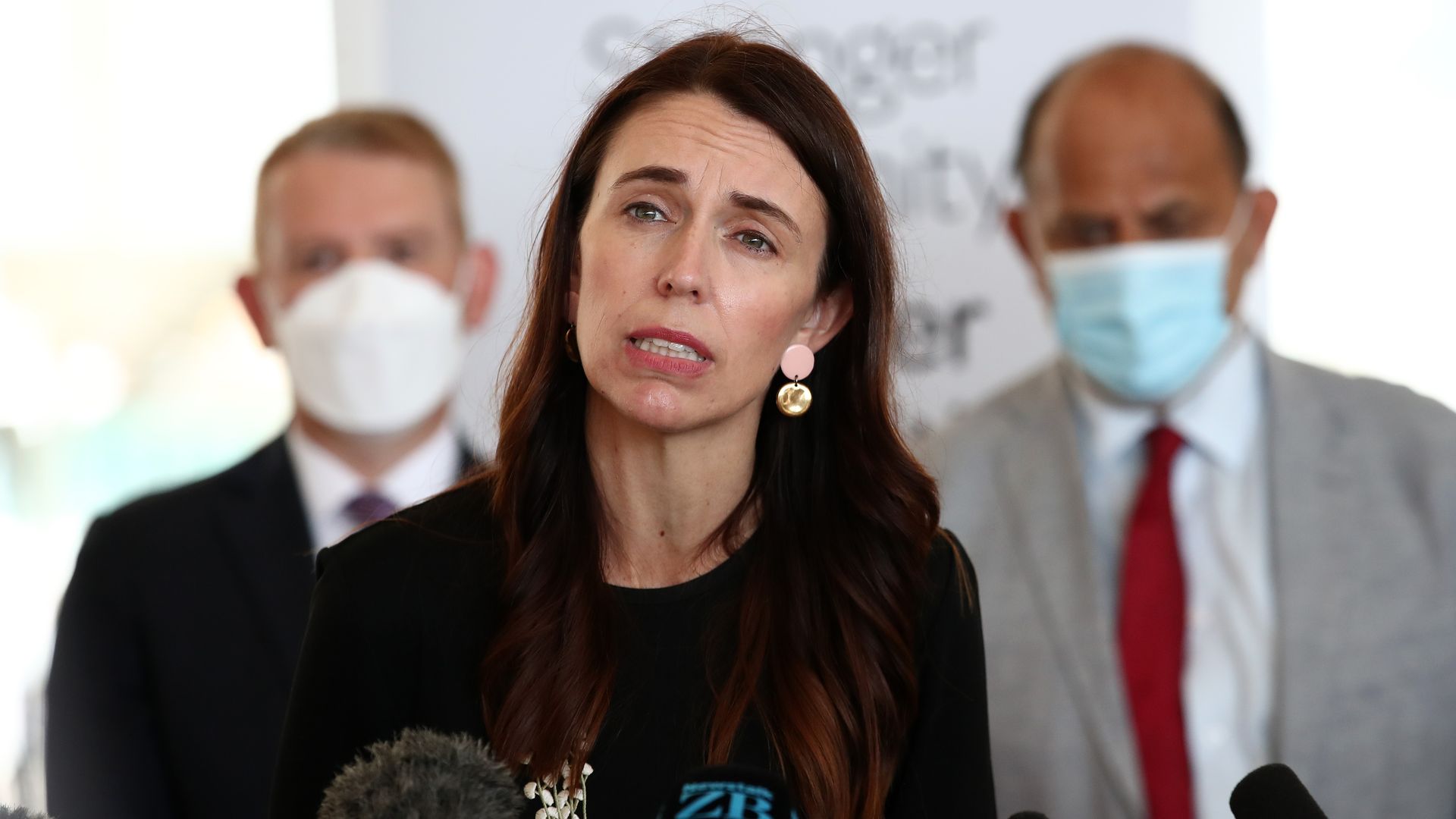  New Zealand Prime Minister Jacinda Ardern speaks to media as she promotes the COVID-19 booster vaccine at the new vaccination centre at the Cloud on February 04, 2022 in Auckland, New Zealand. 