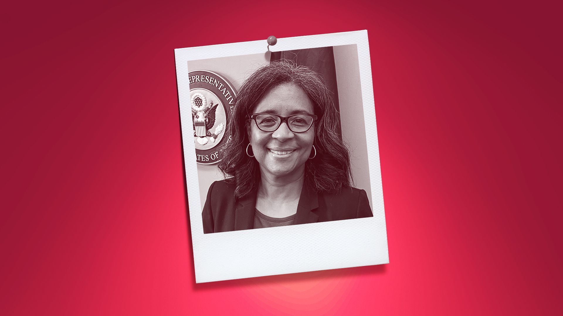 Photo illustration of U.S. Rep. Marilyn Strickland, in an instant photo pinned to a red wall.