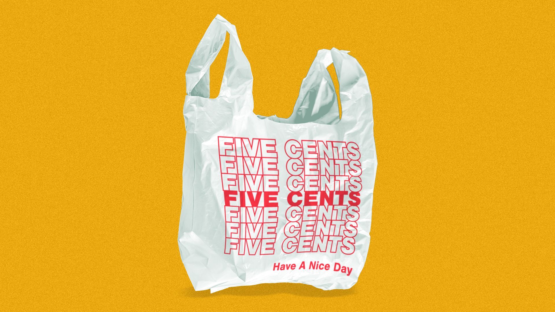 Illustration of a plastic bag reading "five cents" repeatedly instead of "thank you."