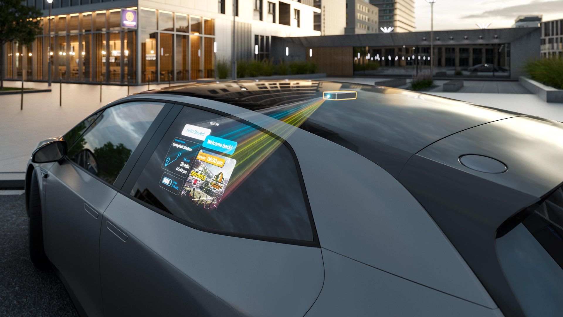 Image of a projector projecting an image on the exterior of a car window